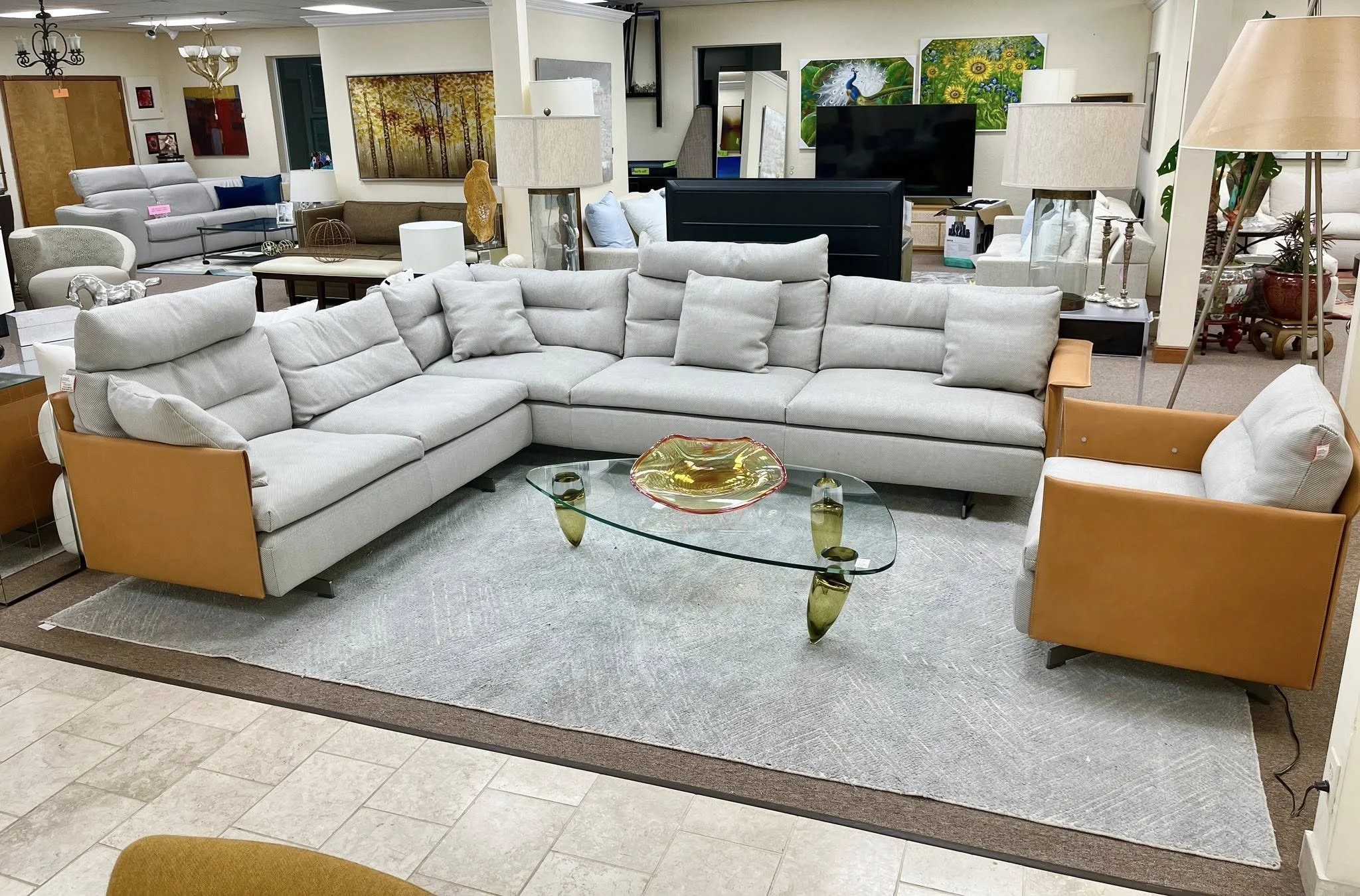 Poltrona Frau Sectional, Roche Bobois Murano Glass Coffee Table