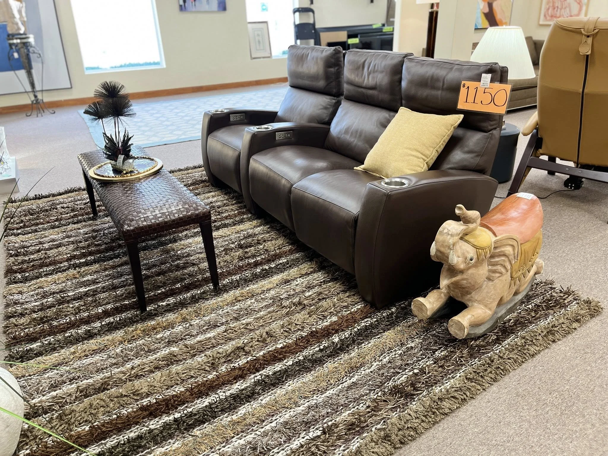 Leather Motion Seating, Italian Leather Bench, Carved Rocking Elephant