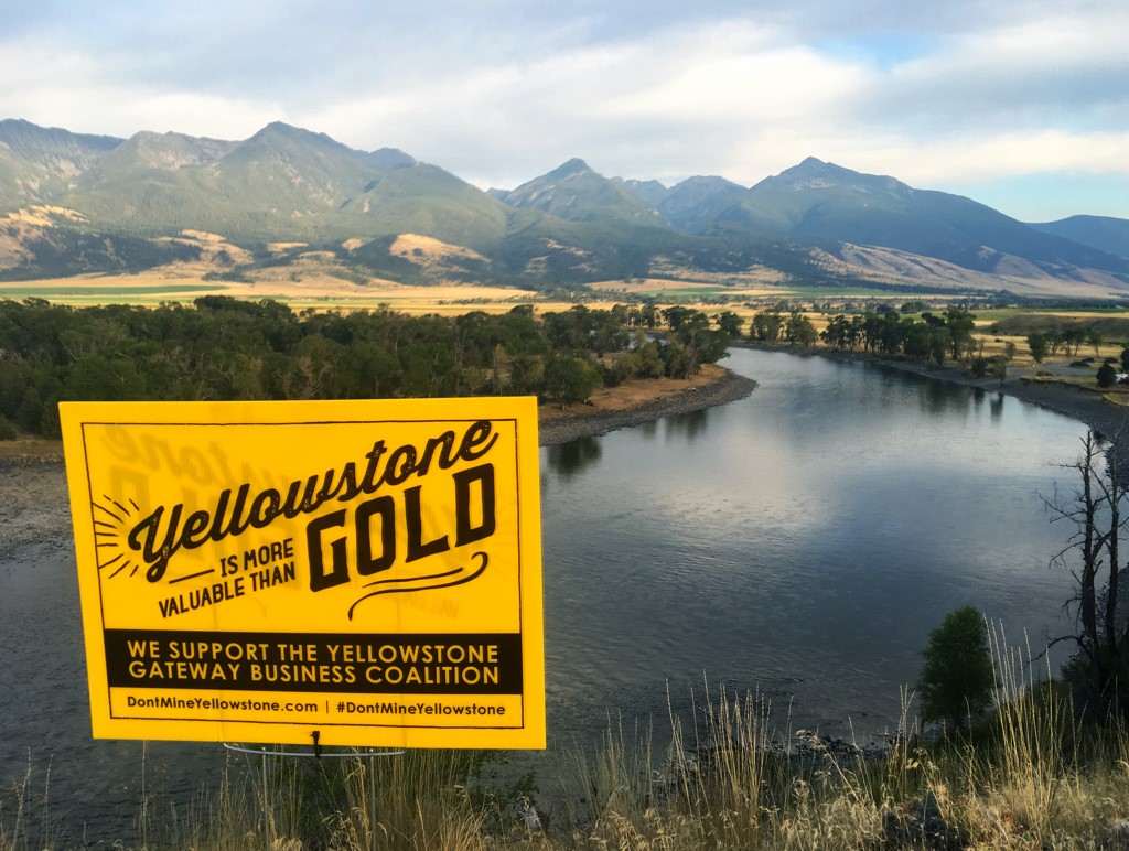 A Business Coalition sign on the Yellowstone River, north of the park in the Paradise Valley. Business owners here are banding together to oppose two gold mines. We stand with them! (Photo GYC.)