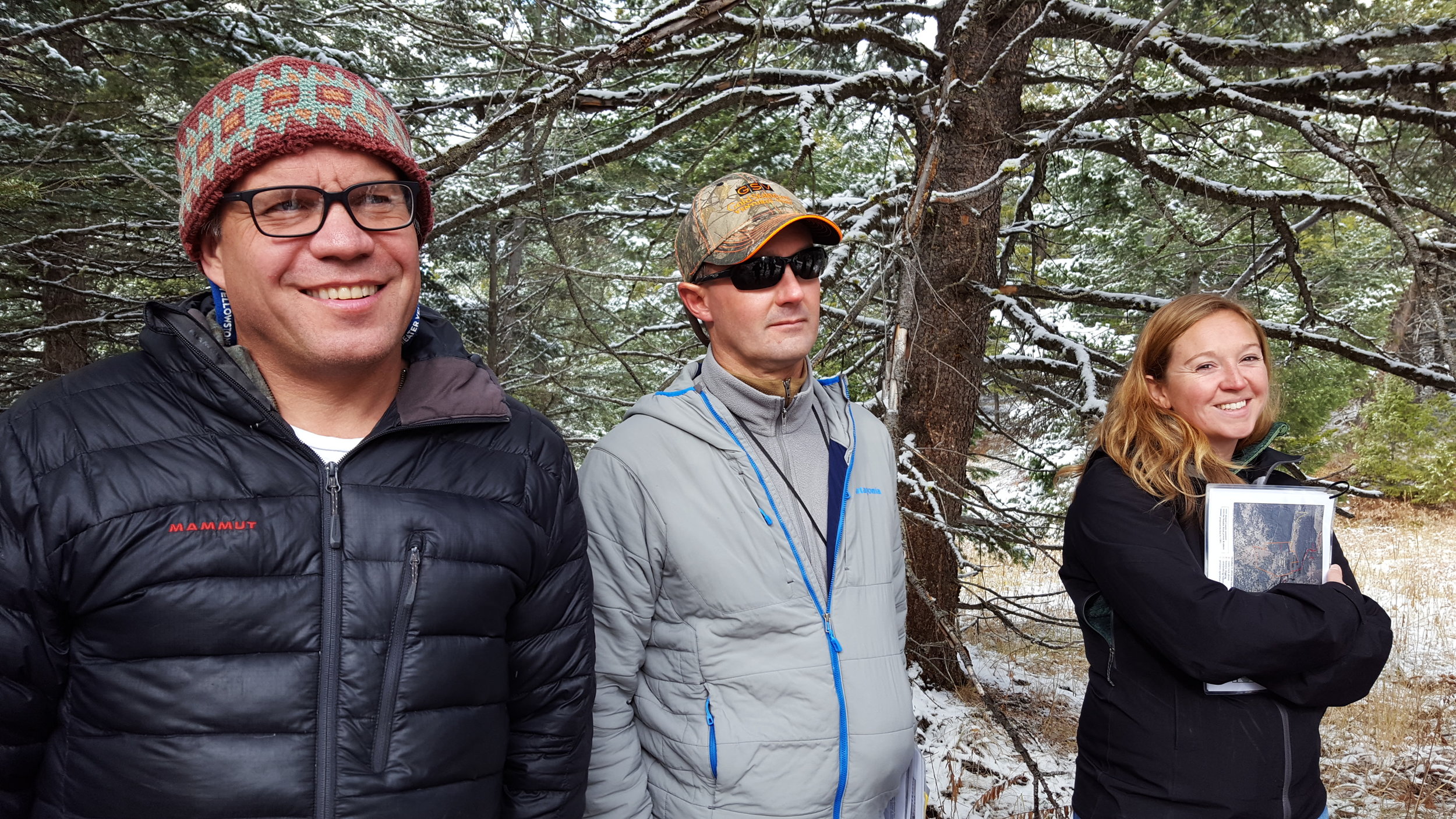 From left: GYC's Montana Conservation Associate Joe Josephson, Gardiner-based exploration geologist Steve Koehler, and GYC's Yellowstone Gateway Campaign Organizer Liz Purdy at the Crevice site. Joe and Liz were among the GYC staff who laid the groundwork for last week's Crevice tour with our hosts. (Photo GYC.)