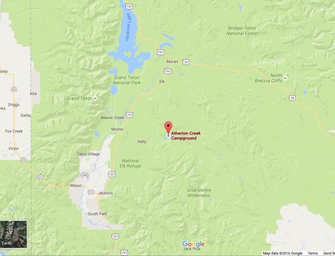 Grizzly bears are on the move between the Gros Ventre Wilderness and Grand Teton. Our work to bearproof Atherton Creek Campground is part of our mission to keep bears alive and people safe. (Google Map.)