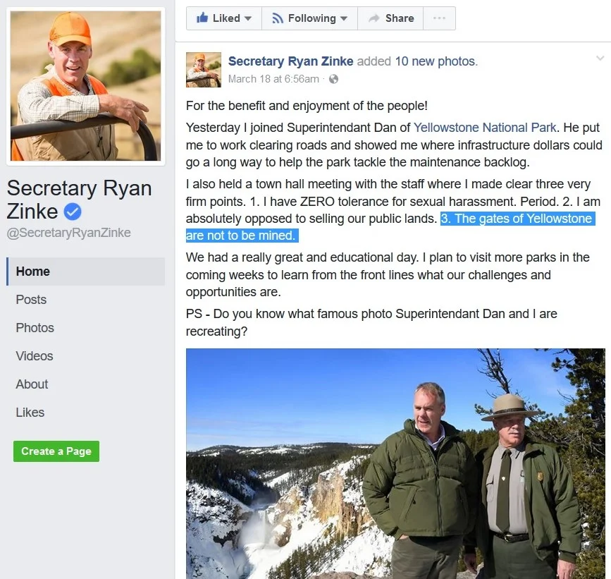 Sec. Zinke's recent Facebook post. He remains opposed to mines at Yellowstone's gateway.
