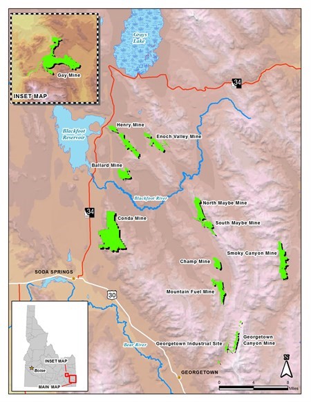 Phosphate mines in southeast Idaho. Ag giant Agrium is investing more than $1 million to mitigate the impacts of an expanded mine here. (Map courtesy Idaho Department of Environmental Quality.)