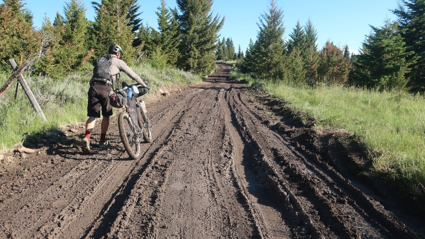 Enduring some muddy conditions and slow travel approaching Virginia City, Montana