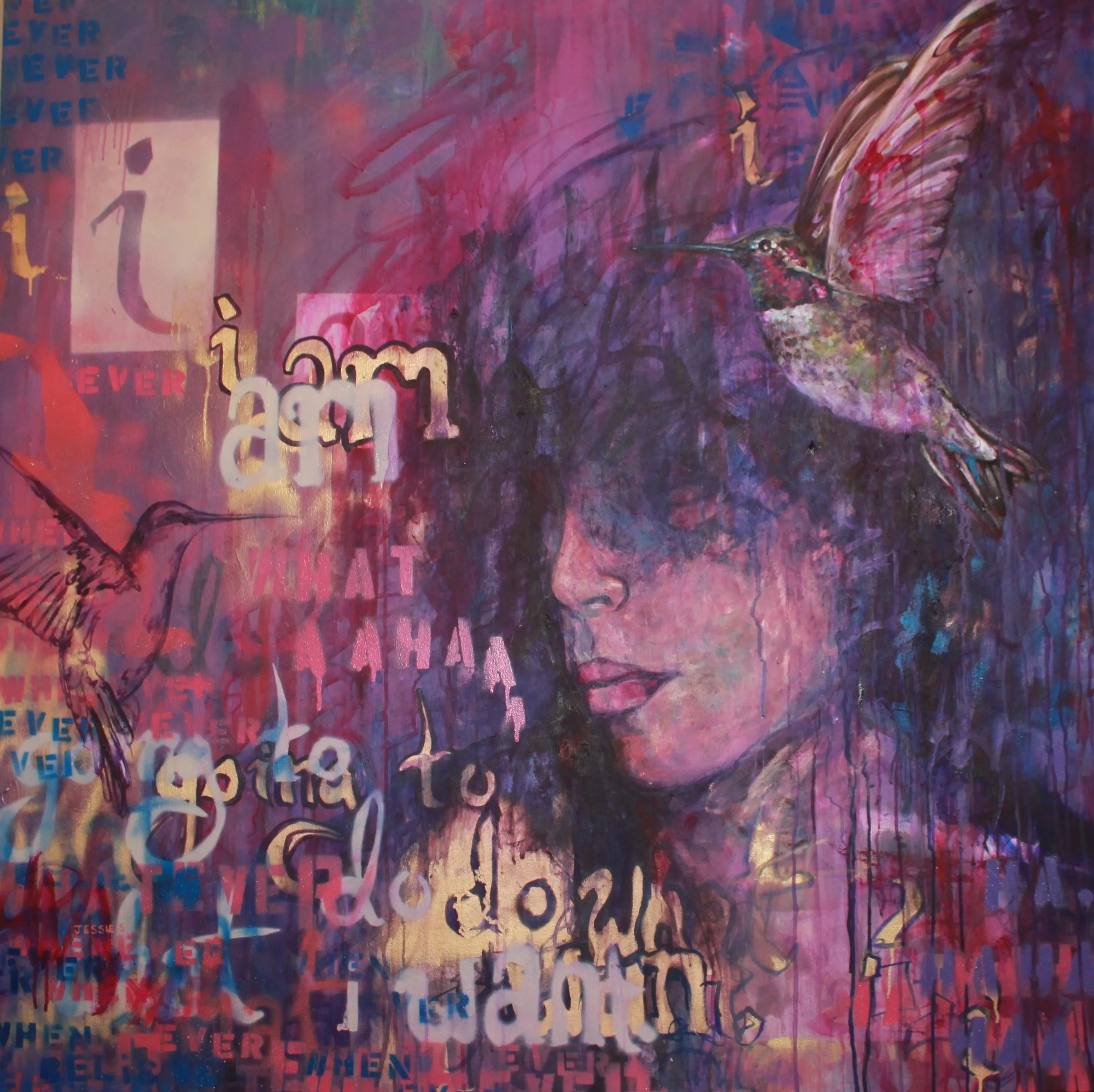 "i am"; 4'X4'; Acrylic, oil and aerosol on canvas; 2011