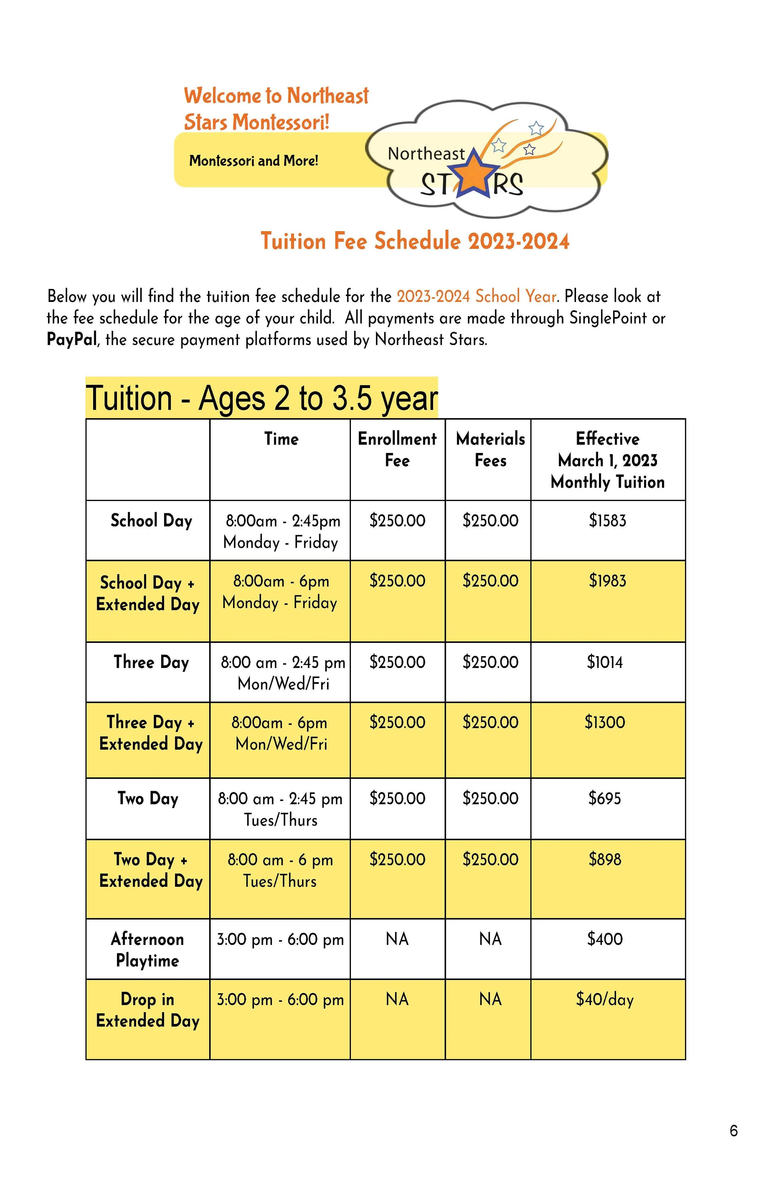 NES Tuition Fee Schedule — Northeast Stars Montessori