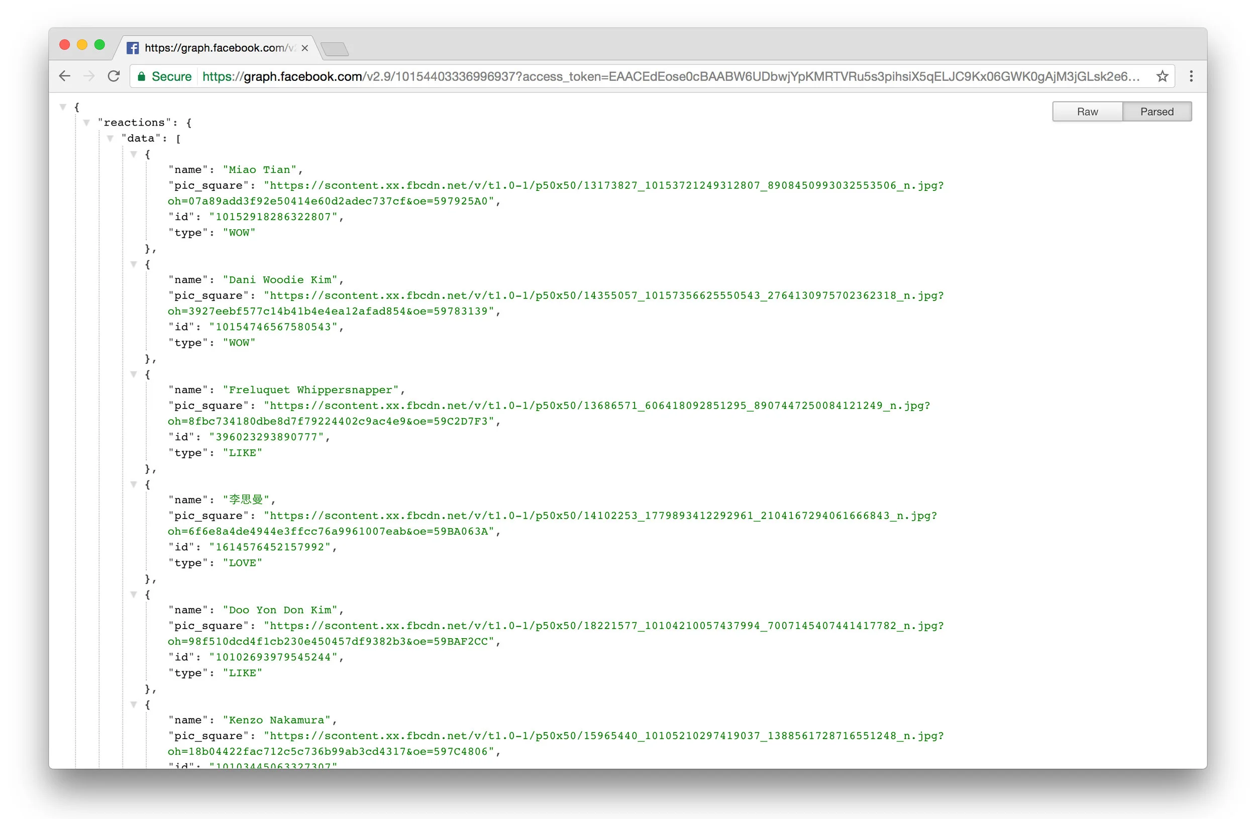 Then I realized that as long as my token is alive (I think this last a little over 1h but could be mistaken) I could simply request that URL and fb would respond with a JSON file. 