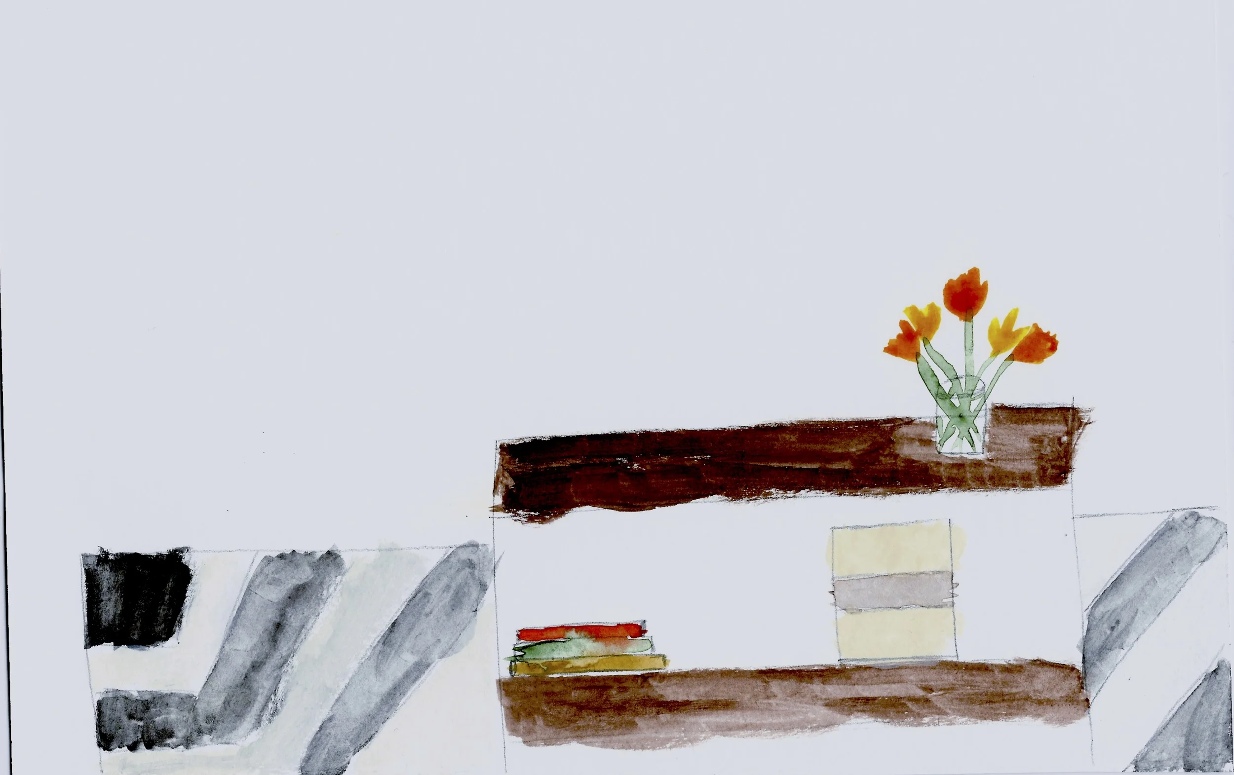 When I finished editing this particular blog, I knew with rudimentary watercolor skills (my first set of watercolor paper and brushes arrived two weeks ago), that drawing a picture of a college sophomore frantically pacing around campus was outside my skillset. Instead, I painted this: what I see right now in front of me. A gray and white rug, a table with books and a box underneath it and a mason jar with peachy orange roses. All good company for Sunday afternoon, if you ask me.