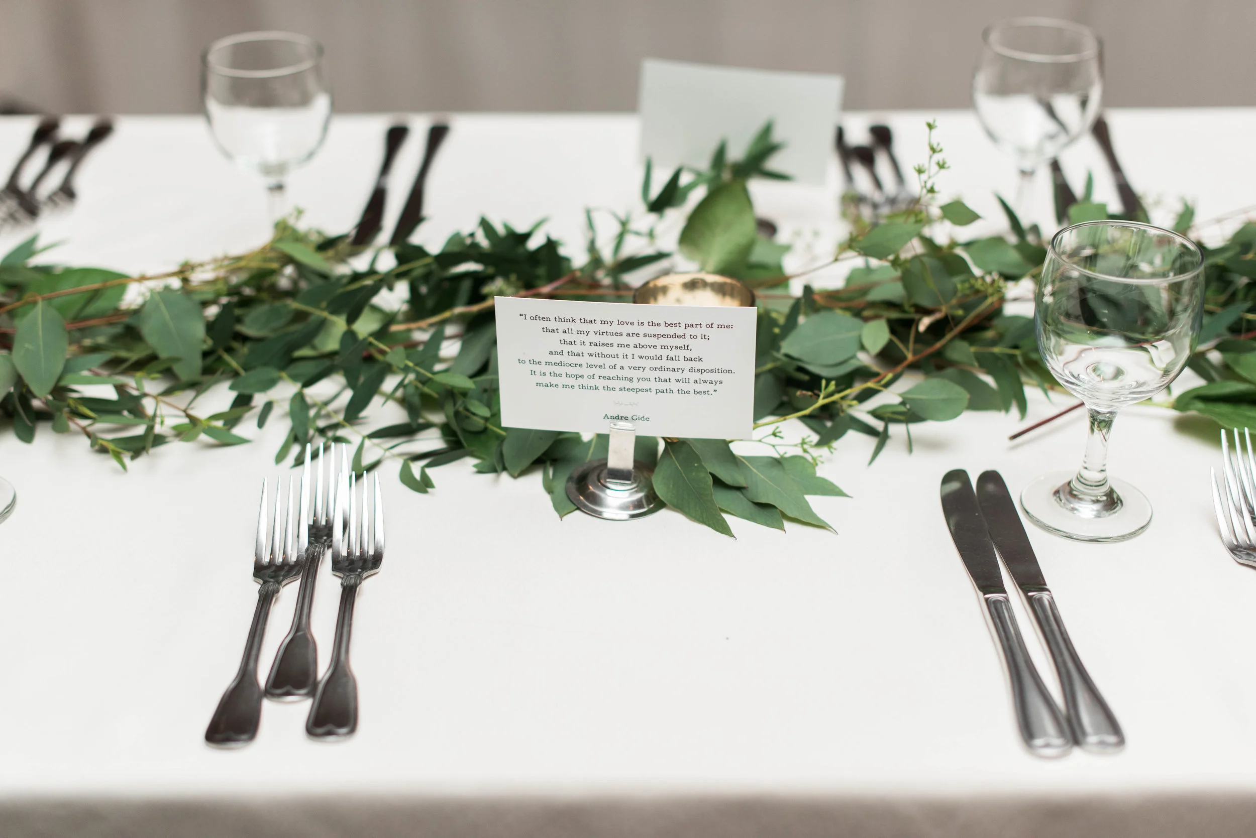 In addition to the mercury glass votives and garland, I had printed out favorite quotes and song lyrics to be interspersed along the tables.