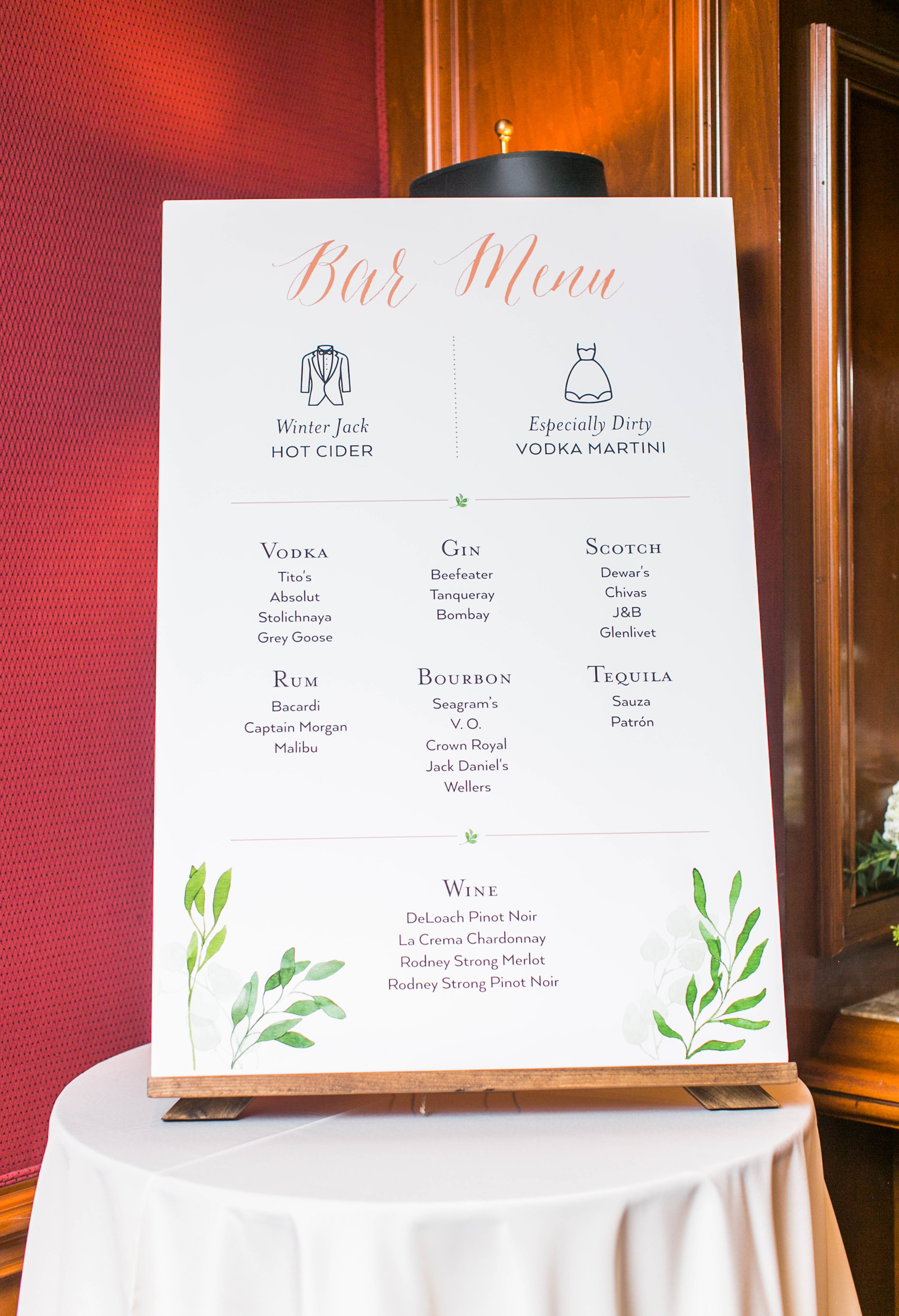  After the ceremony, there was a cocktail hour and a poster-sized bar menu. 