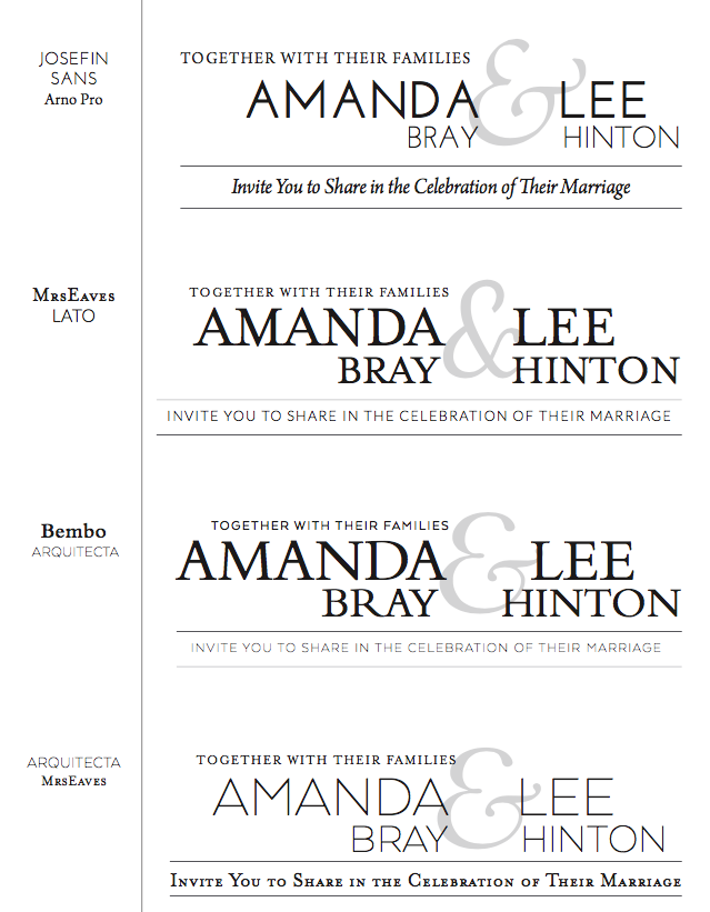  Branding guidelines sheet for the wedding included recommended typeface combinations. 