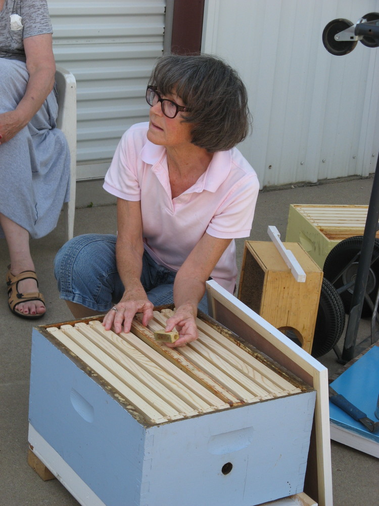  Deb showing us the separate box the queen bee comes in.&nbsp; 