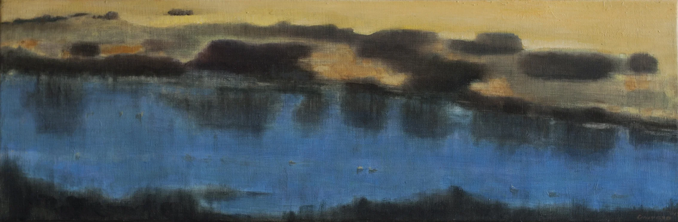 (4) Humedal. Reflejos de orillas bajo un cielo incoloro (2015), óleo sobre tela (20 x 60 cm) © Leonardo Cravero G. 