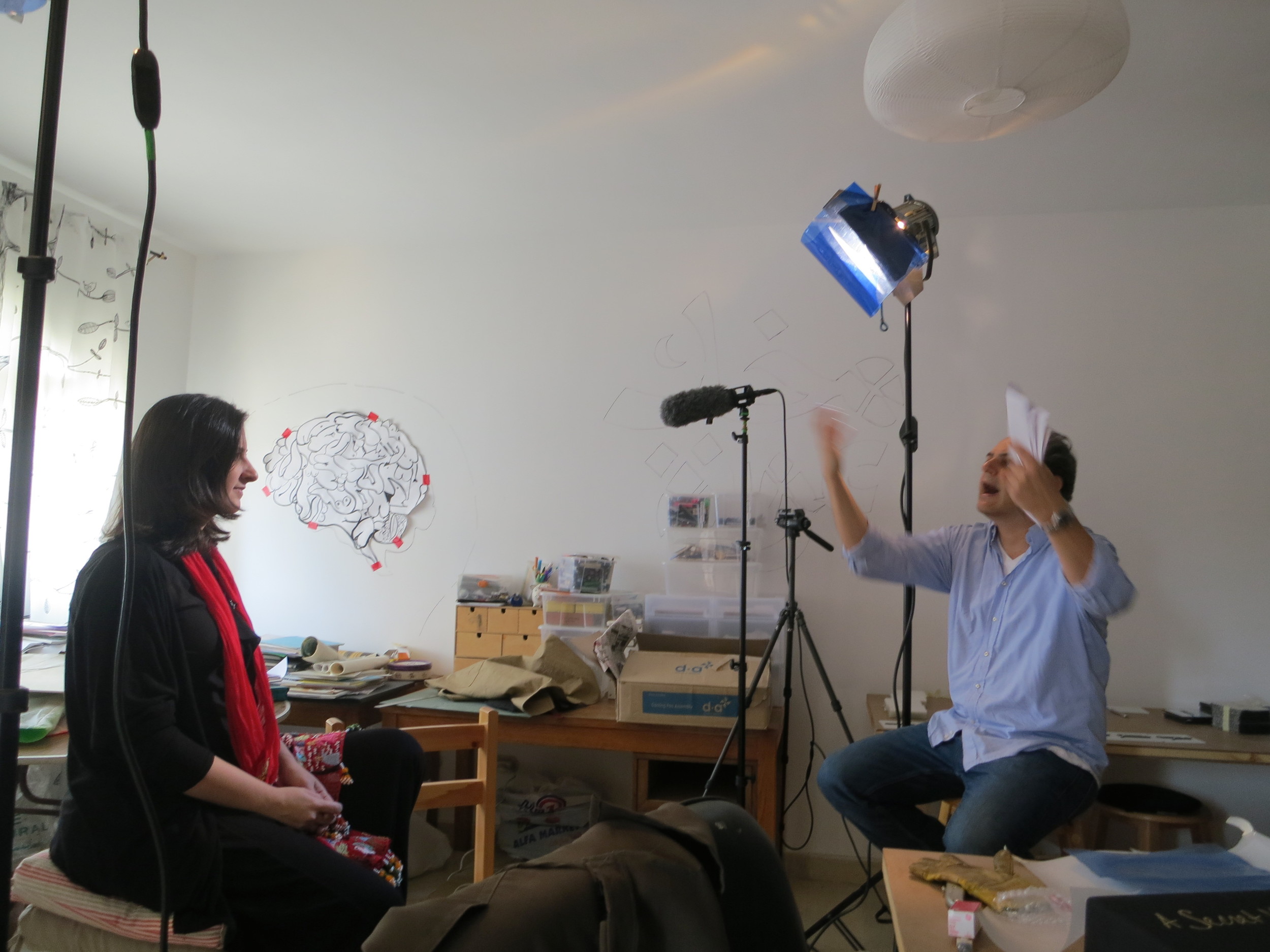  Mark in an animated discusison with Bahia just before her interview. 