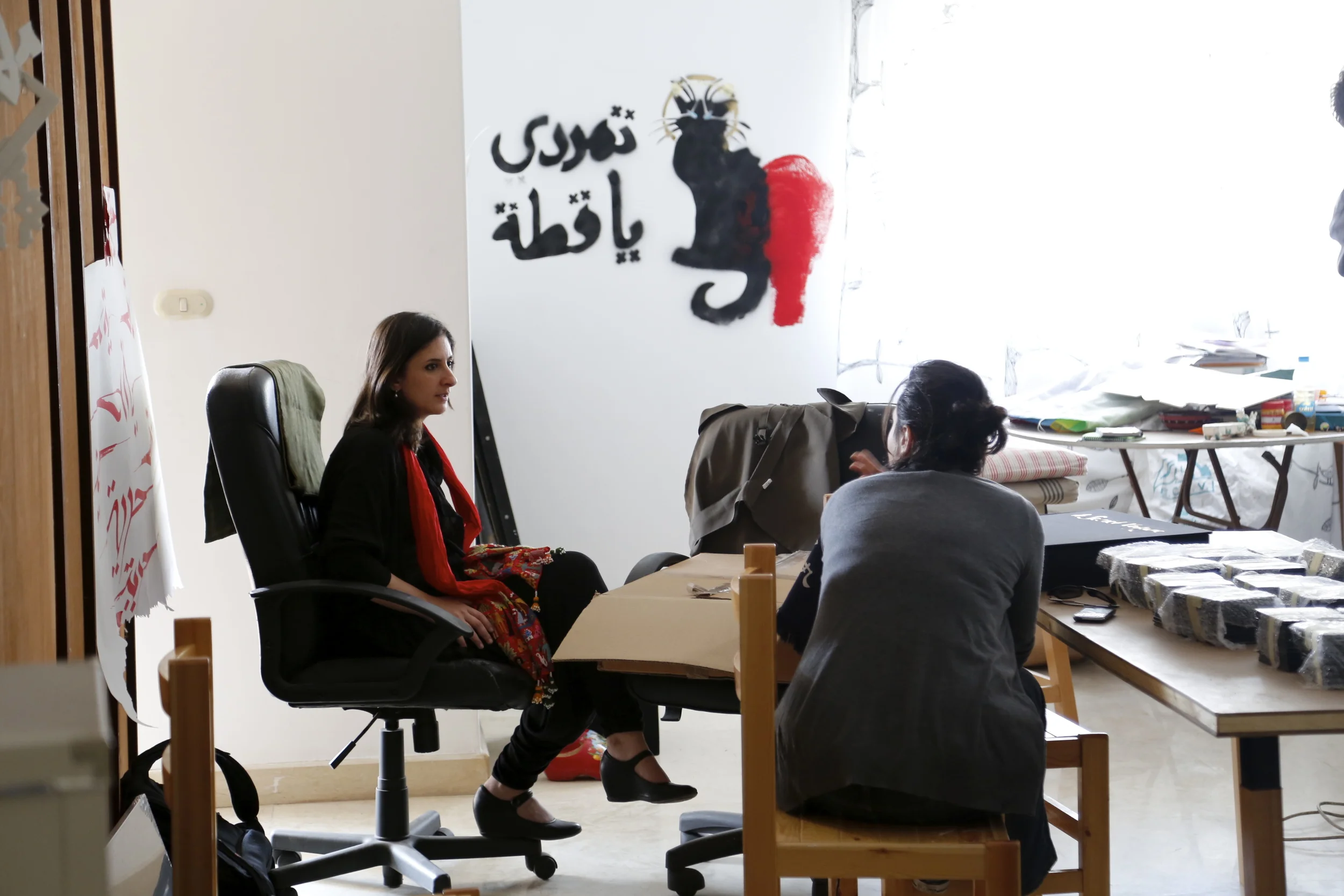  Artist  Bahia Shehab  and co-director  Racha Najdi  just before Bahia's interview in her 6th of October City studio, outside of Cairo. 