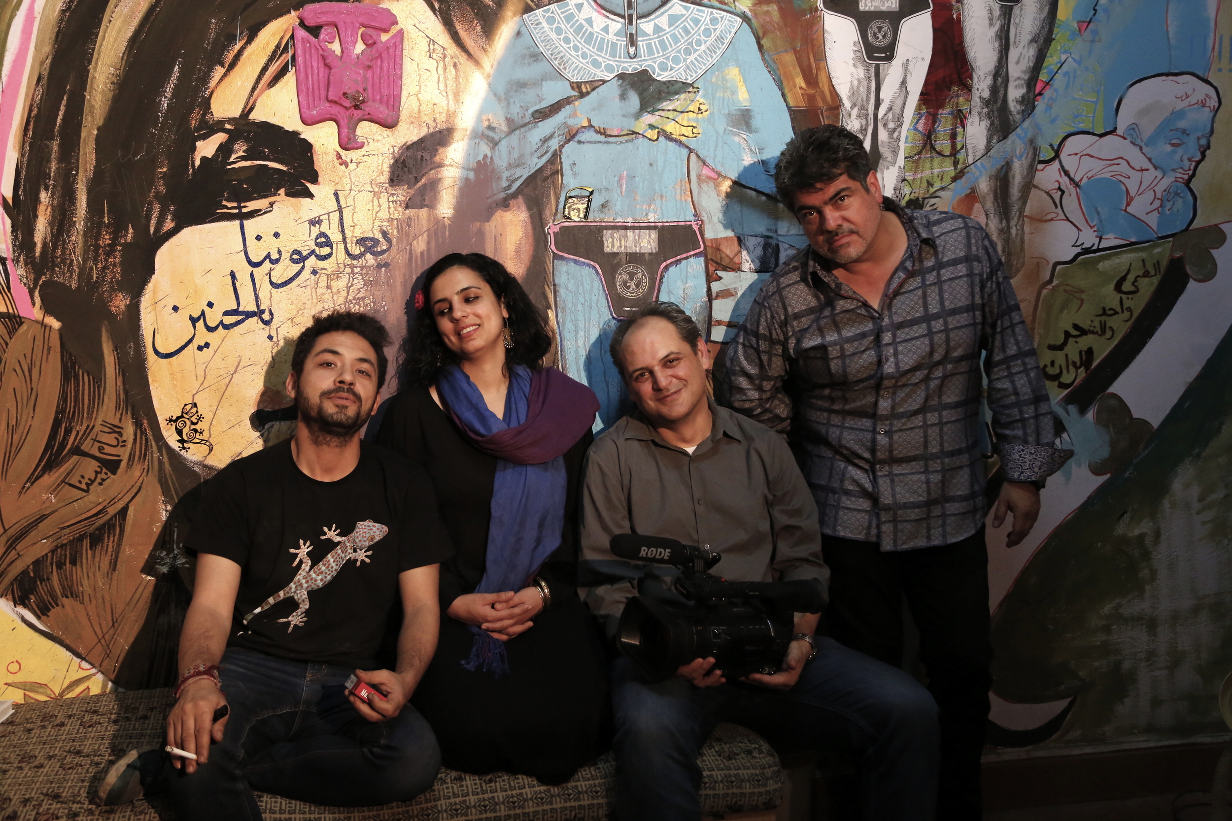  Artists&nbsp; Ammar Abo Bakr&nbsp; and&nbsp; Salma Samy, &nbsp;along with director&nbsp; Mark Nickolas , and cinematographer  Oscar Frasser  after a long evening of filming in Ammar's studio/apartment in Cairo. 