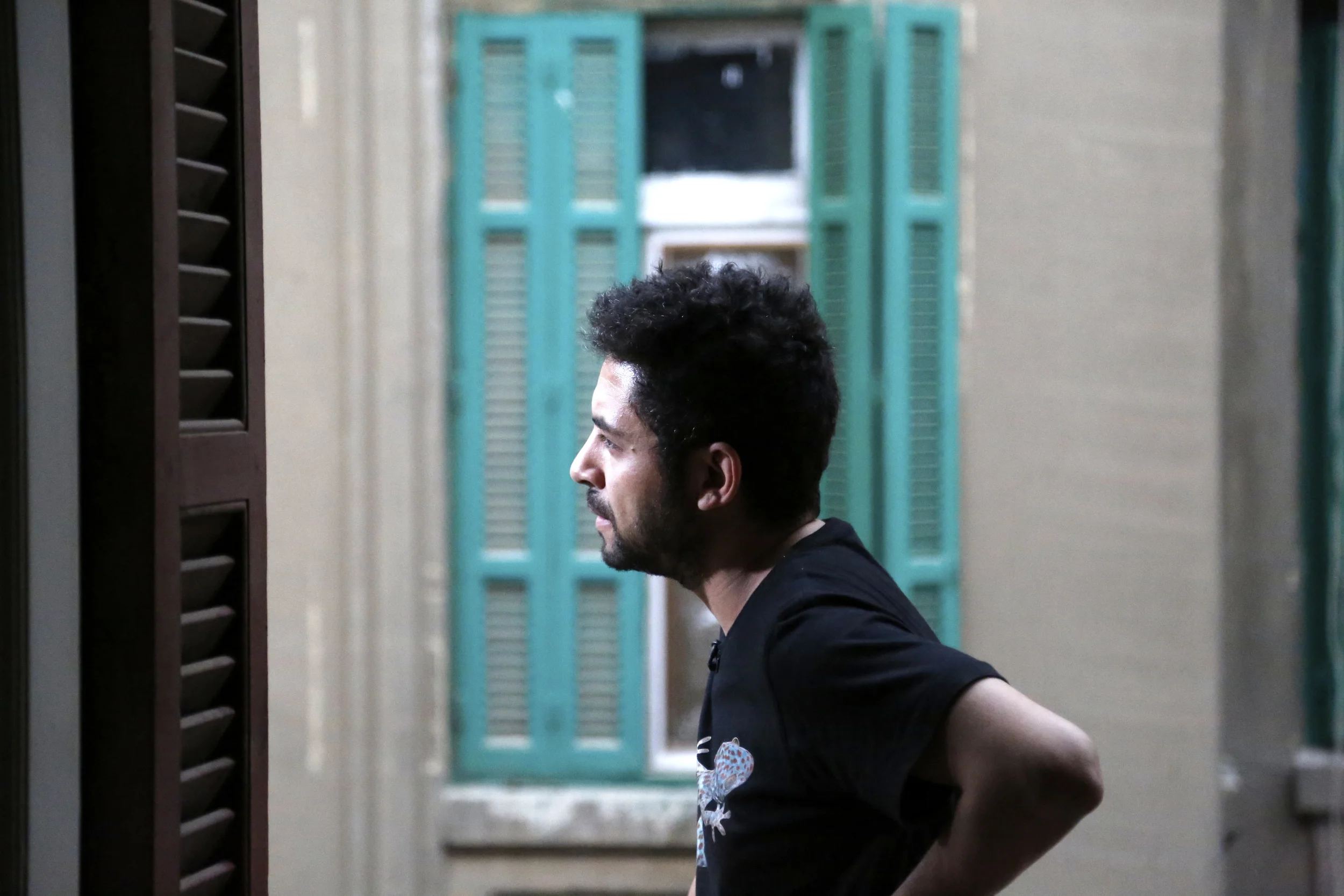  Artist&nbsp; Ammar Abo Bakr &nbsp;on the balcony of his Cairo studio/apartment during his interview. 