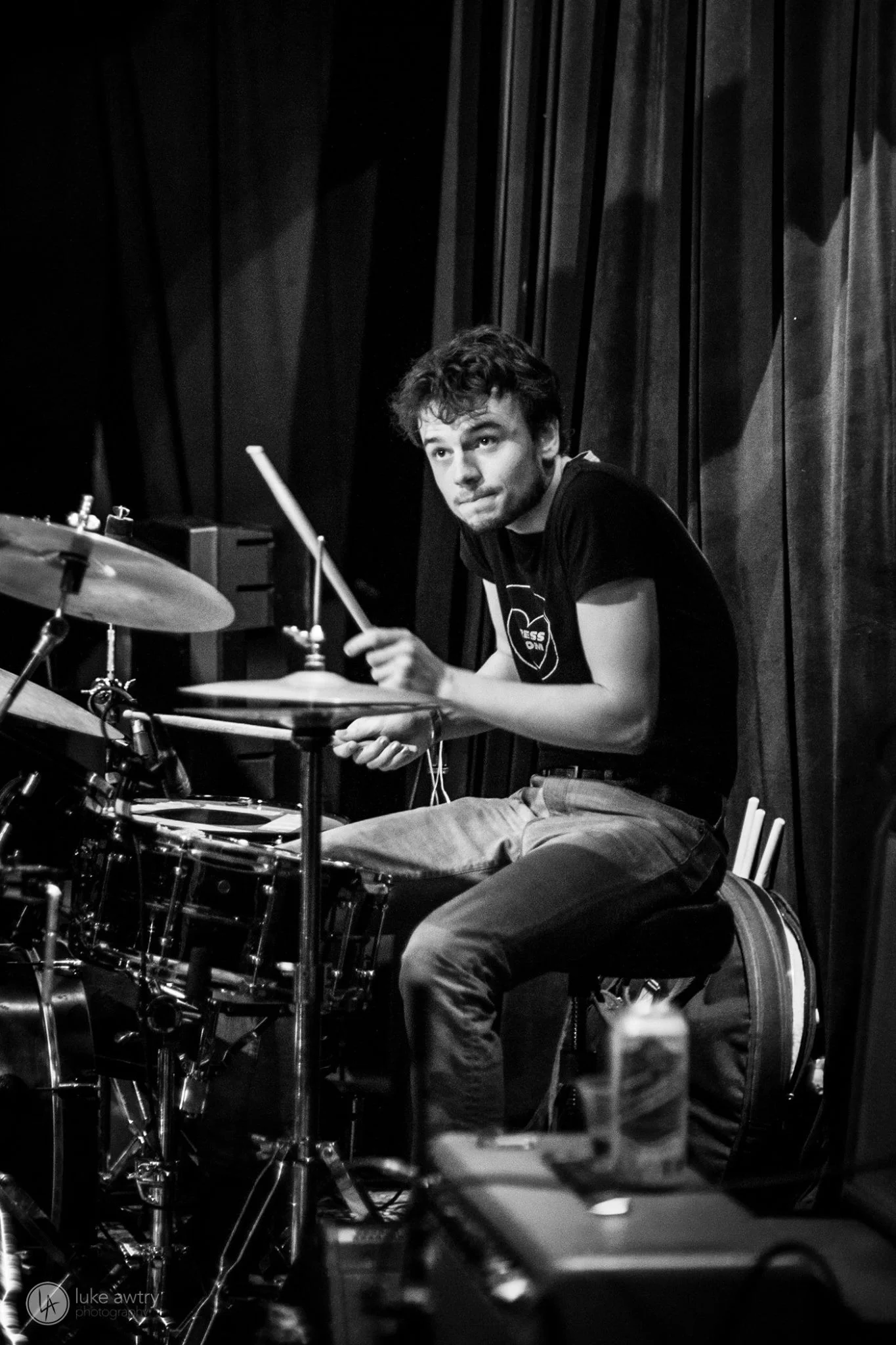 Playing drums with The Welterweights -- photo by Luke Awtry