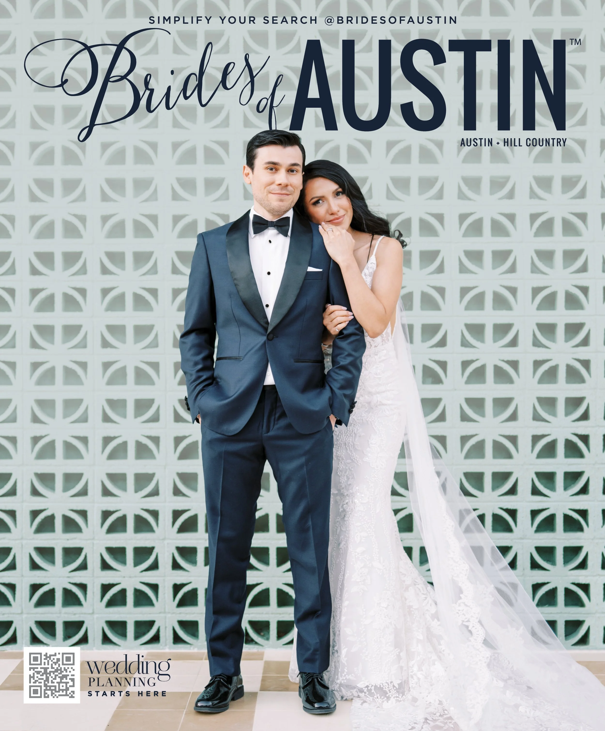 A man in a navy tuxedo with a black bow tie and a woman in a white wedding gown, posing together in front of a decorative wall. Text at the top reads 'Simplify Your Search @BridesOfAustin'.