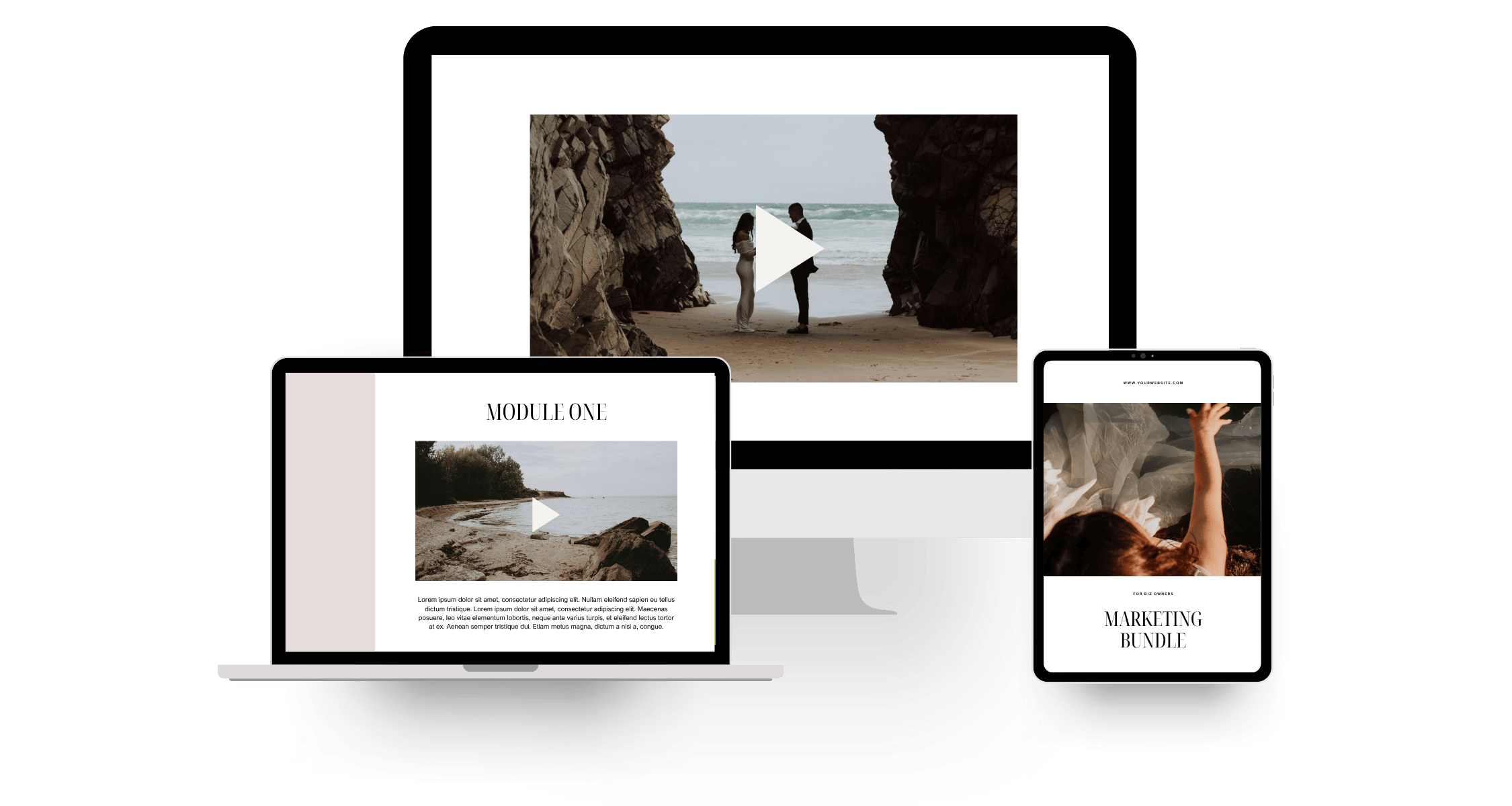 Multiple electronic devices displaying images and video thumbnails, including a large monitor, a laptop showing a beach scene with the text "Module One," and a smartphone with an image of a woman reaching upwards and the text "Marketing Bundle."