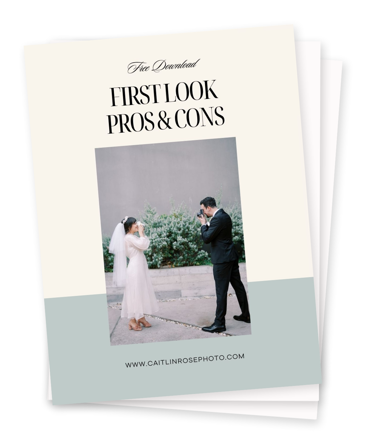 Cover of a guide titled "First Look Pros & Cons" featuring a bride and groom taking photos of each other outdoors in front of green shrubbery.