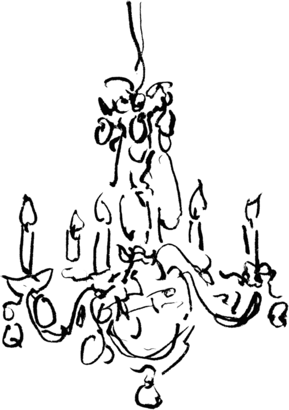 Outline drawing of a chandelier with multiple candle-like light fixtures hanging from a decorative structure.