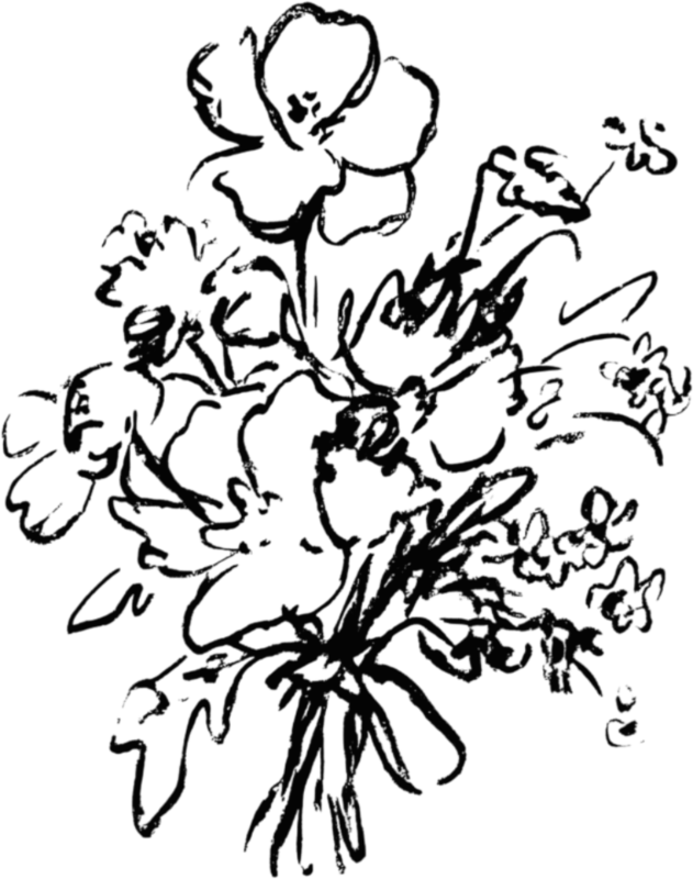 Outline sketch of a bouquet of flowers with multiple blossoms and leaves.