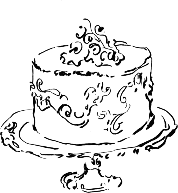 Line drawing of a slice of cake with icing and decorative toppings on a serving plate.