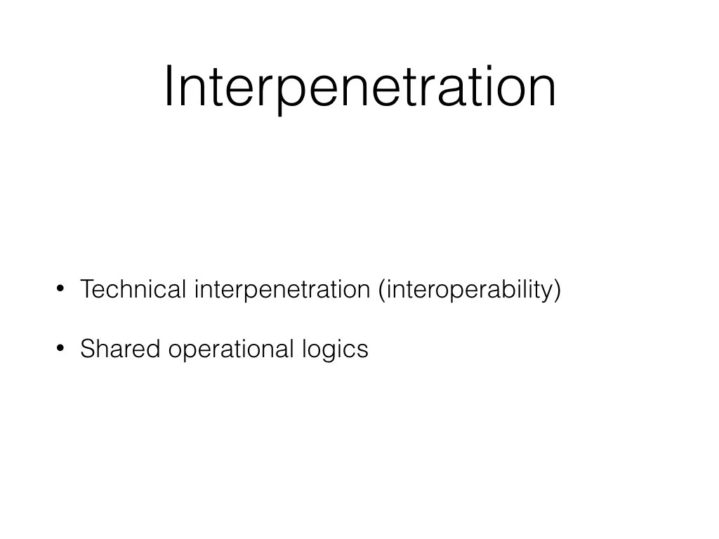 For the internet to function there needs to be interoperability - the same protocols and coding languages need to be used to websites can be accessed through browsers and so they can be connected together. van Dijck (2013) draws on this idea, conceptualizing what she calls interpenetration. In her examination of social media platforms, she explains how interpenetration is made possible through technical linkages but also shared operational logics. The former is facilitated by tools, such as application program interfaces (APIs) that allow users to integrate functions of or data from one platform into other sites (e.g. embedding a YouTube video into Reddit). APIs are complemented by other tools, such as templates and plugins that allow users to embed code and links from one platform service into another. Together these tools extend a platform’s reach into other platforms and perpetuate the interpenetration of online ecosystems.