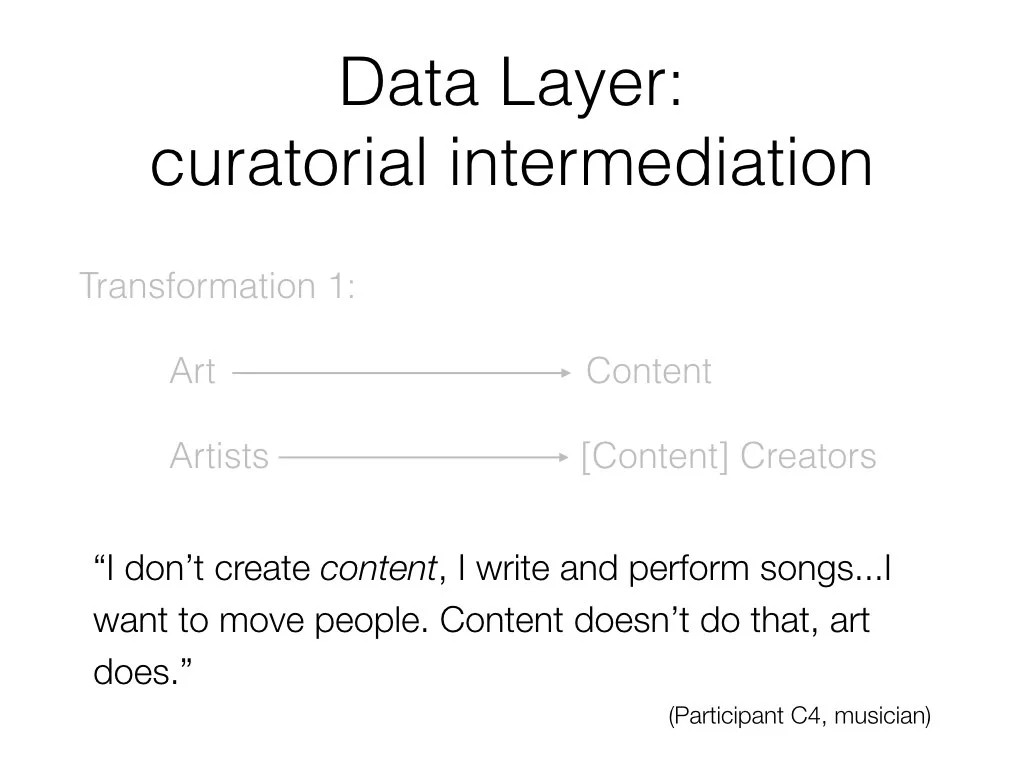 The first transformation is the redefinition of art into content and artists into content creators. The term ‘content’ is partly a semantic shift which fits the lexicon of web development and the need for sites to be filled with ‘content’, but it can be problematic for some who see it as devaluing their professional skill, judgement and expression. Journalists… as one participant put it: 