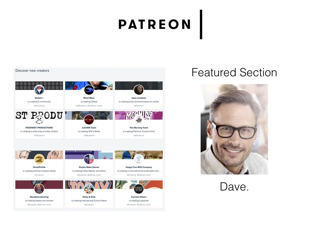 The ‘featured’ pages on patreon.com offer users a selection of creators to explore. The list is updated periodically, but there is no individualisation in what users see. The process of generating this section involves a simple procedural algorithm which is executed by a member of Patreon staff: Dave. It begins when creators nominate themselves to be featured by completing a simple web form, then Dave removes artist-creators producing adult material, checks for fake or abandoned accounts and then adds them to a database which updates the featured page. Even though this curation is being undertaken directly by a human, there are no artistic value judgements made about the quality of a creator’s work, their significance or their potential. The overriding principle is to ensure that this prominent part of the website does not include content which may deter users, while exposing creators to new audiences. Here we can begin to see human behviours starting to become aligned with web operational logics.