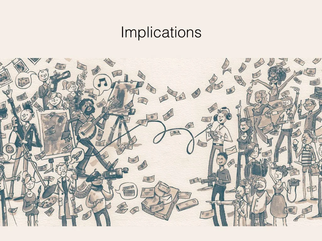 To conclude…The shift to algorithmic curation signals a move away from traditional curatorial expertise and methodologies to a metricised approach, where the role of human curators is no longer about direct appraisal, selection and recommendation of art based on expertise. But this isn’t demoncratisation. Instead, data analysts and authors of algorithmic procedures, together with major platforms become central to the process. They and their devices can have profound and wide reaching impacts for art and individuals. The effects of this can already been seen online where creators are producing media not because of its inherent value, but because it is similar to other popular work and therefore will generate hits and likes and raise their profile. So, as crowd-patronage and media platforms act as intermediaries, as their processes increasingly align, and as they use calculative devices to mediate content, we are witnessing a change in what art is online. The alignment of platforms through interpenetration constrains what is valued, how it is valued and although crowd patronage offer ways for artists to find new streams of income it enrols them into calculi of web metrics that potentially undermines what they do. There is a generation of culture critics who don’t see this as a problem because they don’t appreciate the quality of art being produced for online distribution. But these approaches are spreading offline too. The most prominent of which is the Arts Council who want to use metrics to judge the quality of work they funded. Thinking beyond art, there are implications for what it means to be human within platform ecosystems and as people are judged through metrics.