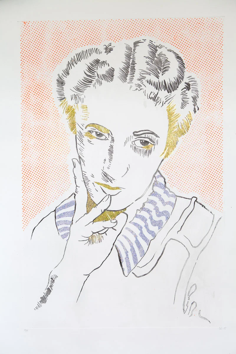 Sold 31"x44" Copper etching with flocked glitter