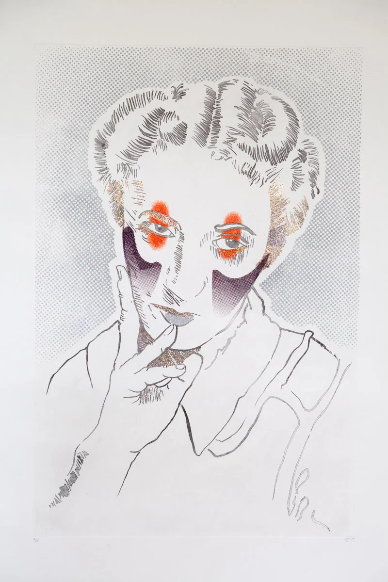 Sold 31"x44" Copper etching with flocked glitter