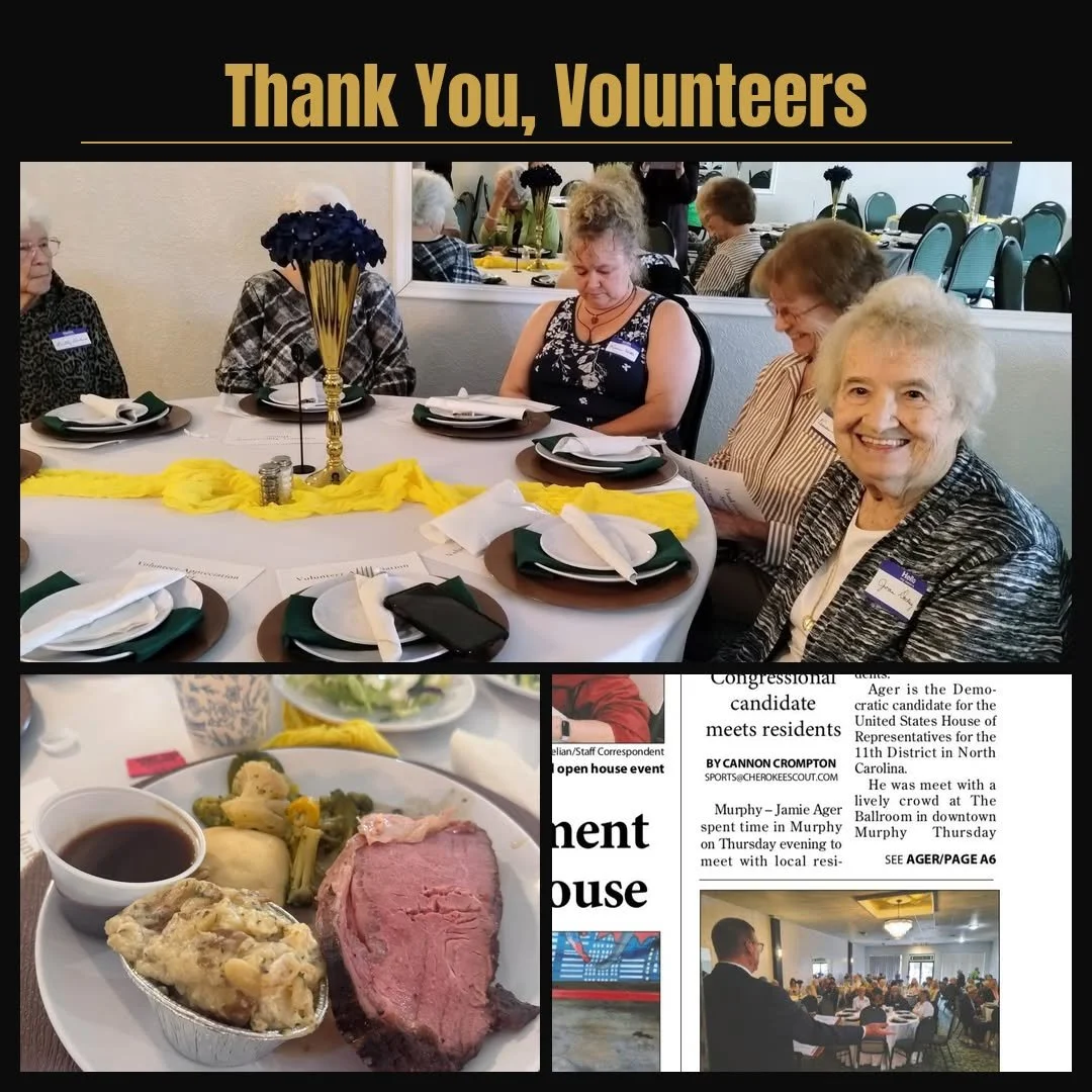 The Ballroom was honored to host the Town of Murphy's annual Volunteer Appreciation Dinner. Approximately 75 community volunteers gathered Saturday evening for a night of recognition and fellowship. We are grateful to the Cherokee Scout for featuring