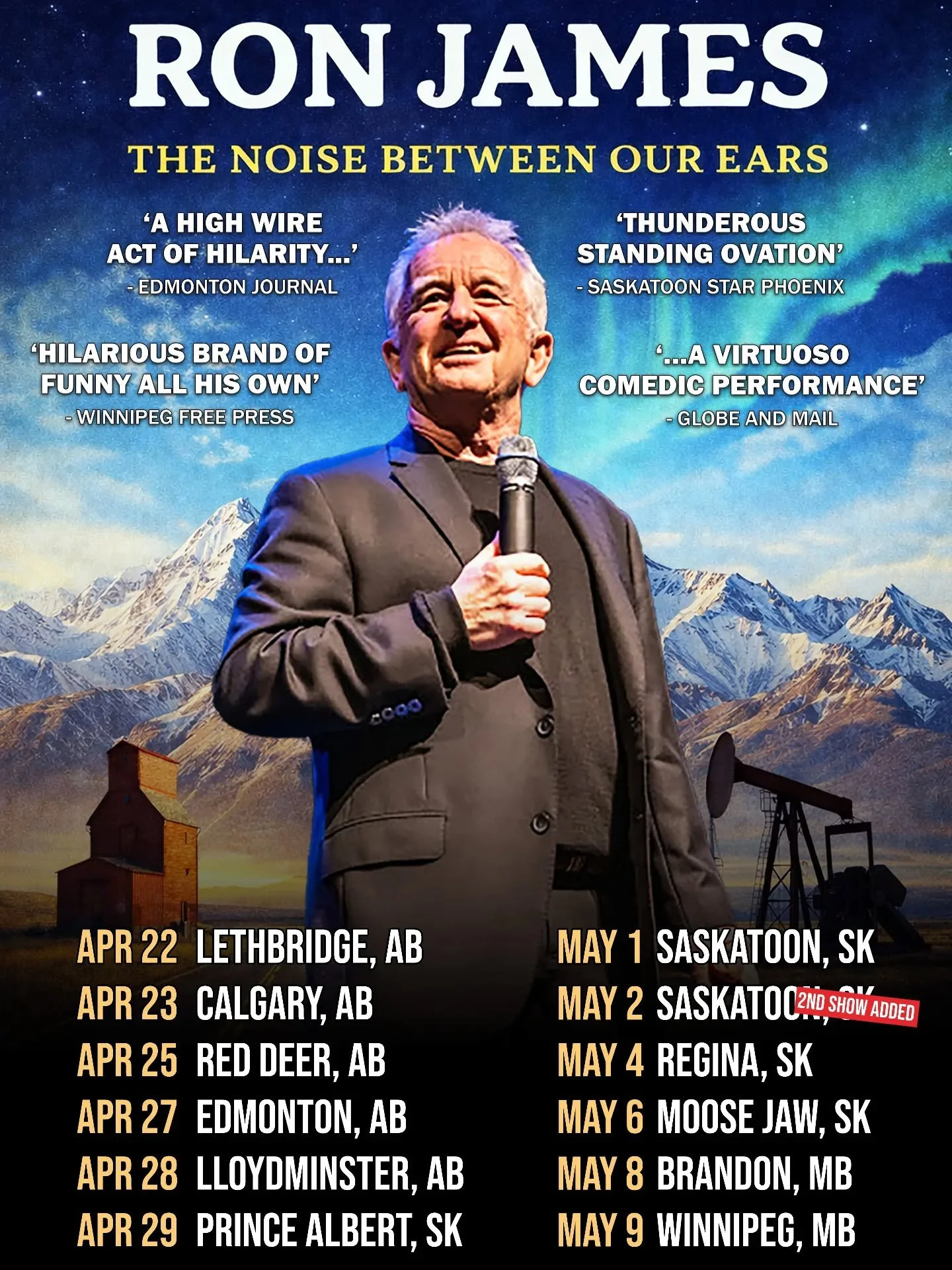 Stoked for my first tour in two years across the Big Wide Open! 

UPCOMING SHOWS:
📍 APR 22 - Lethbridge, AB
📍 APR 23 - Calgary, AB
📍 APR 25 - Red Deer, AB
📍 APR 27 - Edmonton, AB
📍 APR 28 - Lloydminster, AB
📍 APR 29 - Prince Albert, SK
📍 MAY 1