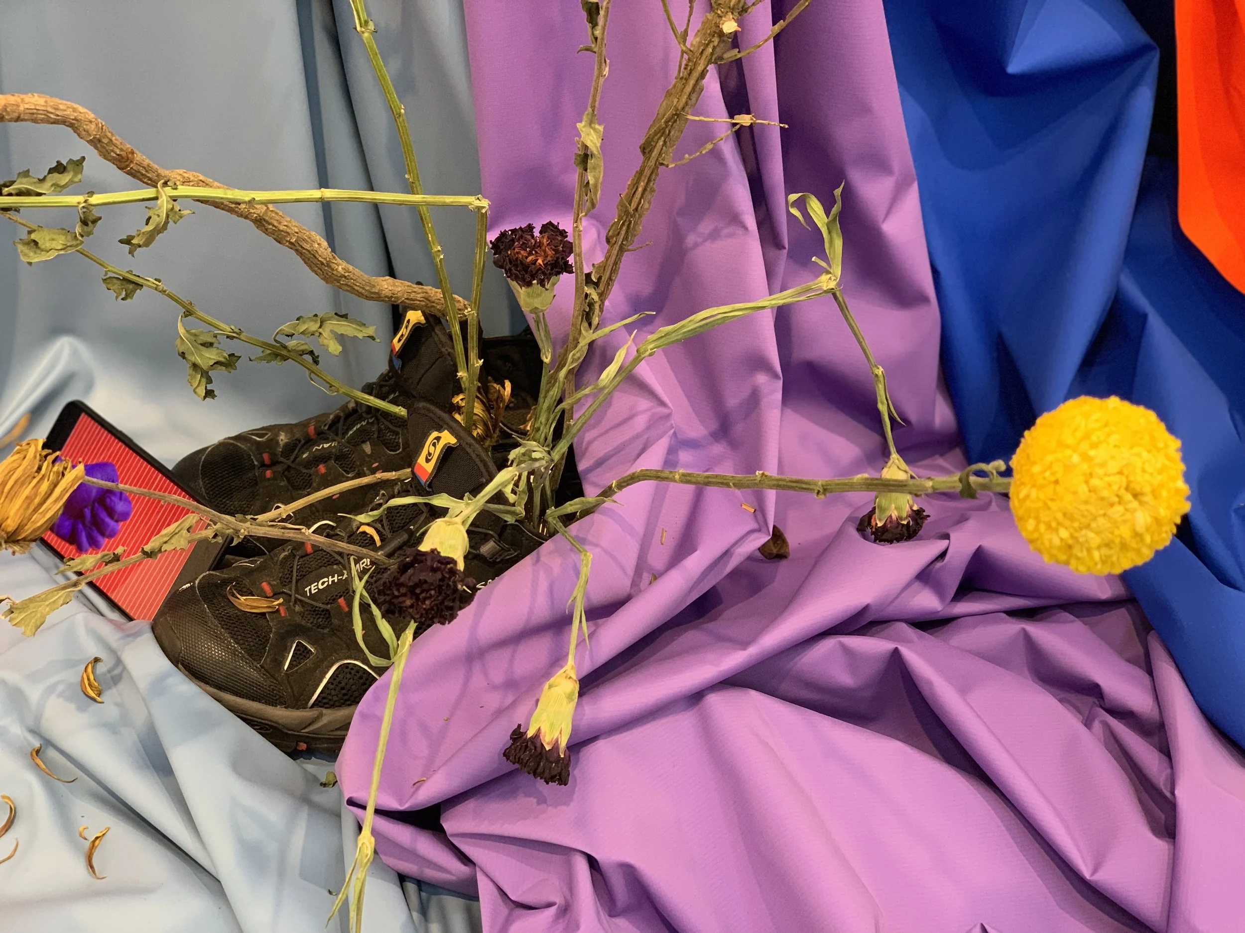 A misunderstanding of what it means to be tender , 2018, Fabric, flowers (chrysanthemum, carnation, holly), leather, whip, shoes, nipple tassel, kenzan, flower net, sansevieria cylindrica, small phone screen playing video of the same title, tv monitor playing video of same title. Commissioned by Move Arts Japan for exhibition at 3331 Arts Chiyoda Gallery, Tokyo, Japan.