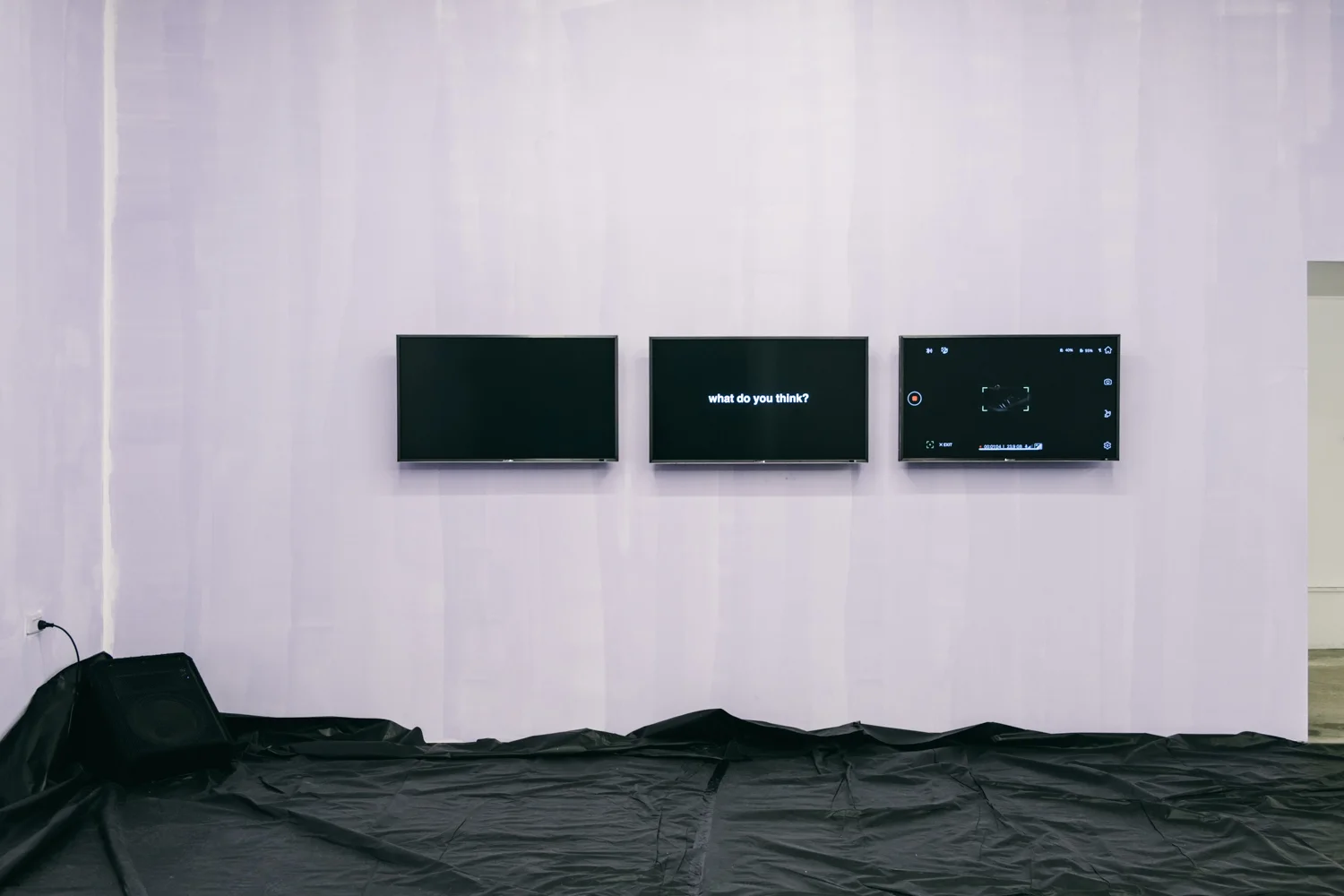Canter , 2019, sculptural installation, Three channel HD video, chain block, babies breath, drawings on clear vinyl, lilac paint. All photographs by Charlie Hillhouse.