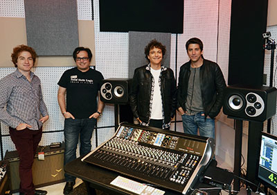 Pictured at Vintage King Los Angeles are (L-R) Jeffrey Ehrenberg, VK West Coast Sales Mgr.; Fadi Hayek, SSL VP Music Products; composer/producer Anthony Marinelli; and Tedi Sarafian, Barefoot Sound CEO. Photo by David Goggin.