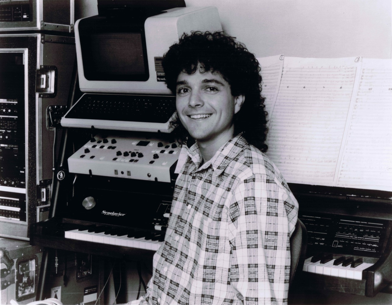 Anthony Marinelli with his Synclavier Digital Music System and rack mounted synthesizers used on Michael Jackson’s mega-hit album “Thriller”, Hollywood, CA  1985