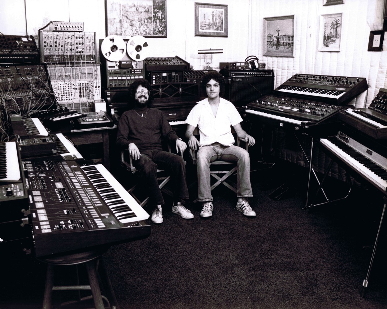 left to right, Brian Banks and Anthony Marinelli in Anthony’s synthesizer recording studio in North Hollywood, CA, 1978