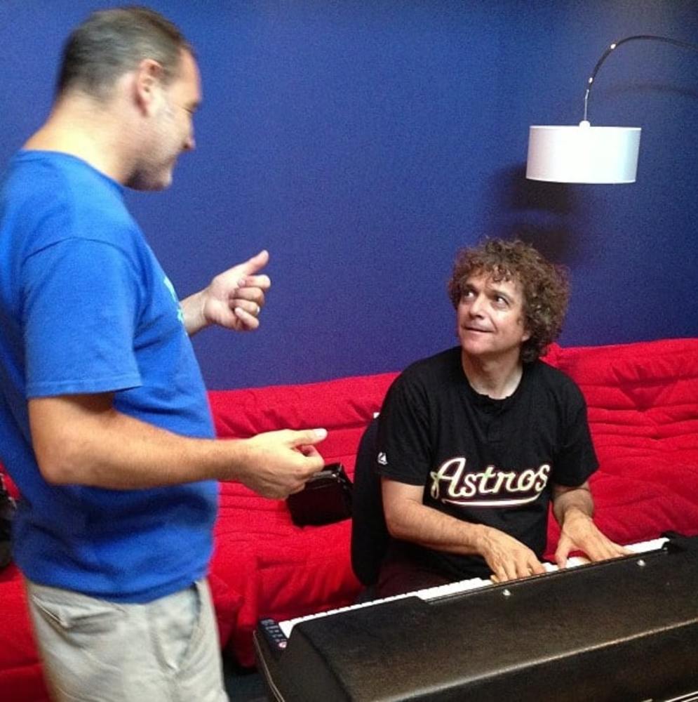 Ken Jordan (left) with Anthony Marinelli performing on a vintage Wurlitzer electric piano for The Crystal Method song “Grace” featuring Leann Rimes, North Hollywood, CA, 2014