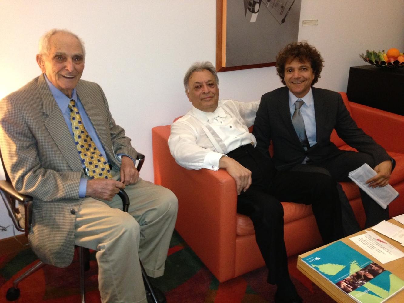 Intermission: Carmine Marinelli (left), maestro Zubin Mehta and Anthony Marinelli catching up during Zubin’s 50th anniversary concert at Disney Hall, Los Angeles, 2012