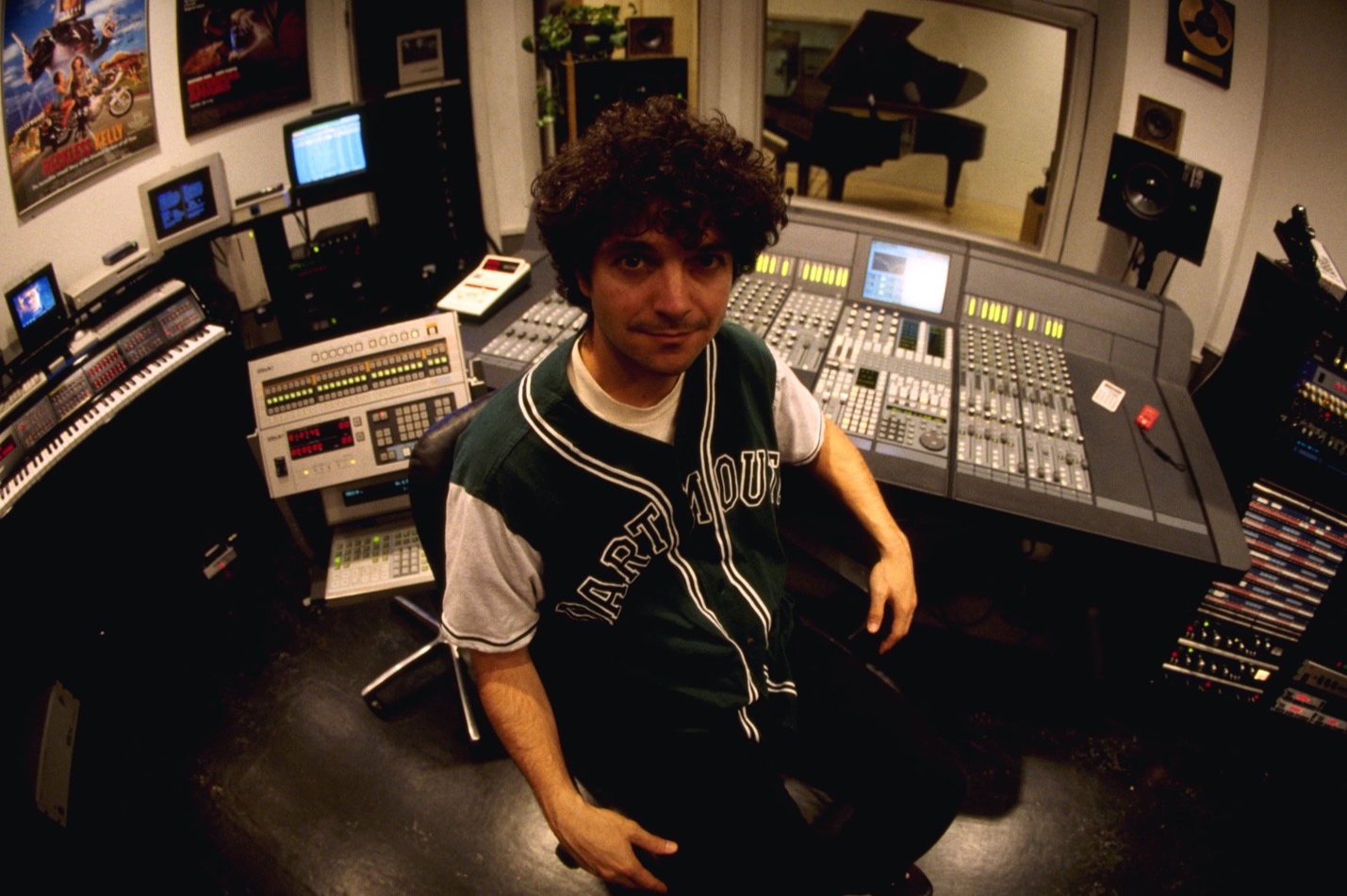 Anthony Marinelli with his Euphonix CS 2000 mixing console and Synclavier Digital Music system in his studio, Hollywood, CA, 1995