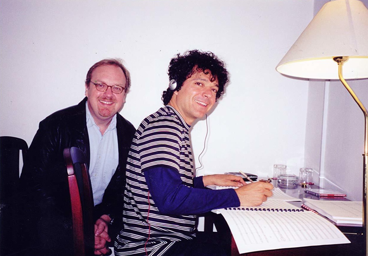Director George Hickenlooper with Anthony Marinelli reviewing Anthony’s music to be performed by the Prague Symphony for “The Man from Elysian Fields”,  Prague, Czech Republic, 2001