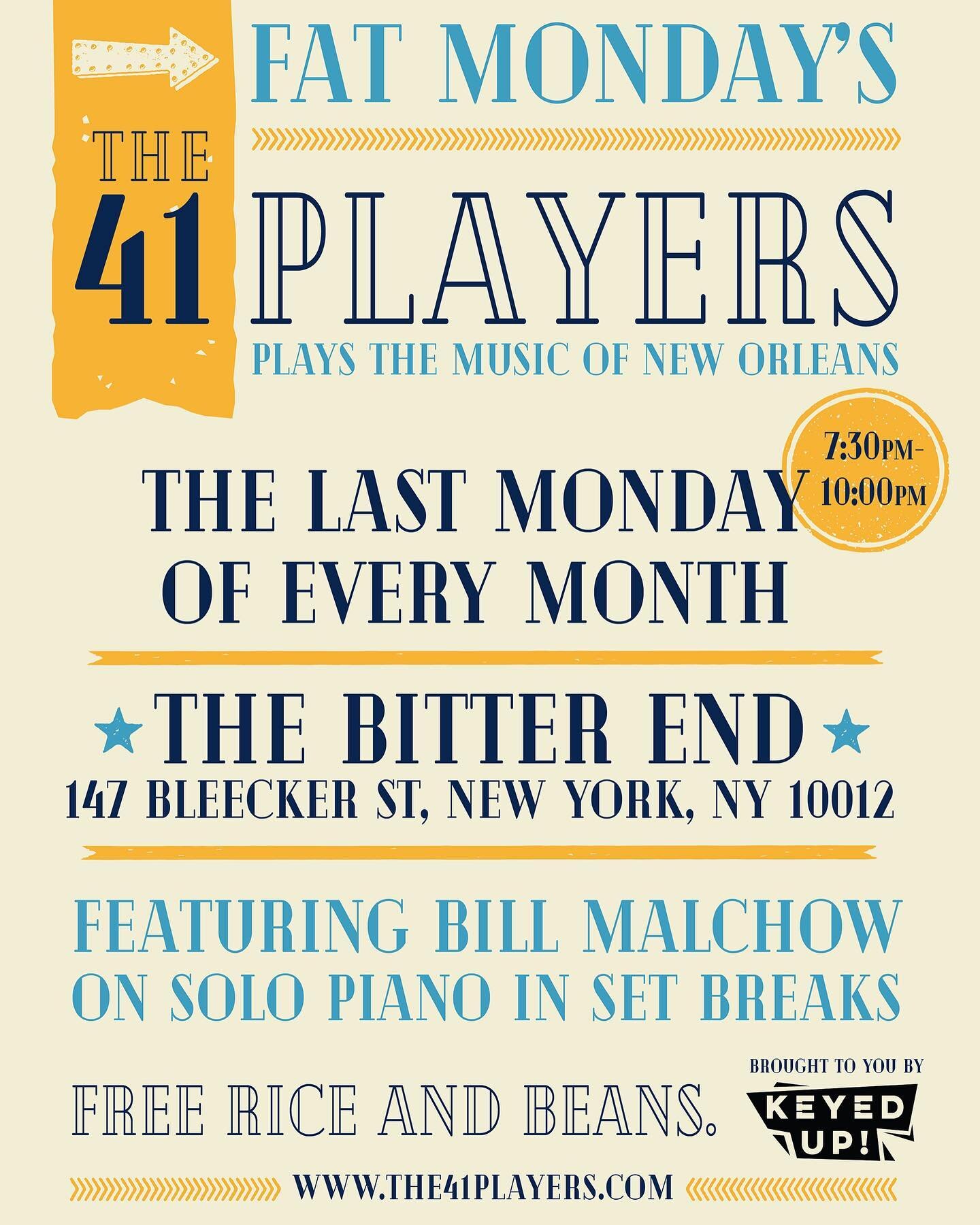 The last Monday&rsquo;s of the month are rocking down at @thebitterendnyc . You must come through and mingle a bit. 7:30-10. Bill Malchow in for John Deley, and Danny Fox plays soli piano on breaks. Should be a swell swell time.