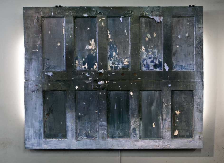 From Above the River Presses (Snake, December, 1811) mixed media on antique doors, LED bars, 60 x 80 in. 2016 : Photo from - http://joshuahagler.com/river