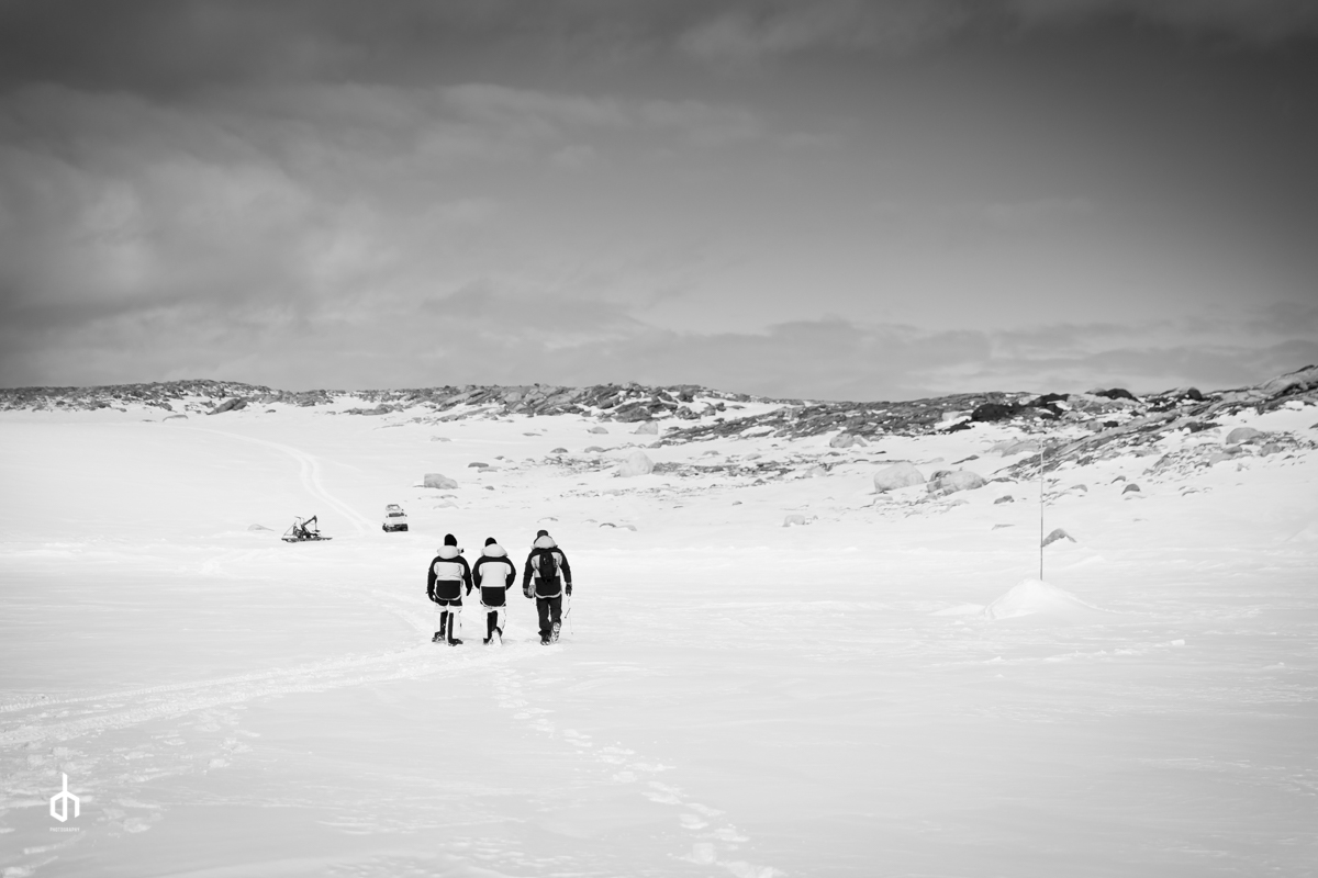  Some of the Team heading off the sea ice towards Yellow Hagg. 