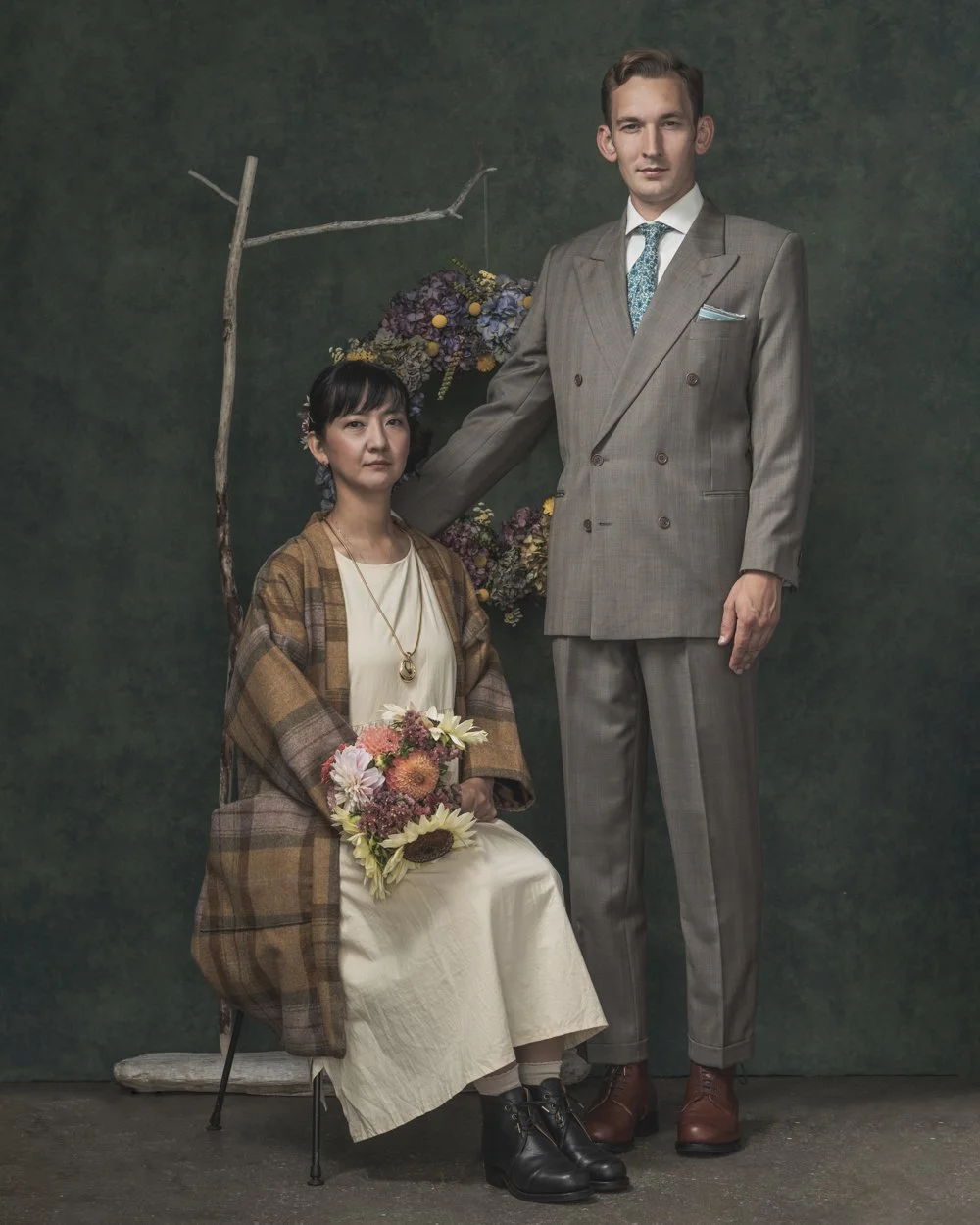 A man and woman pose together in a portrait studio. The man is standing, wearing a gray double-breasted suit with a floral tie, and the woman is sitting, holding a bouquet of flowers, wearing a cream dress, a plaid shawl, and black boots.