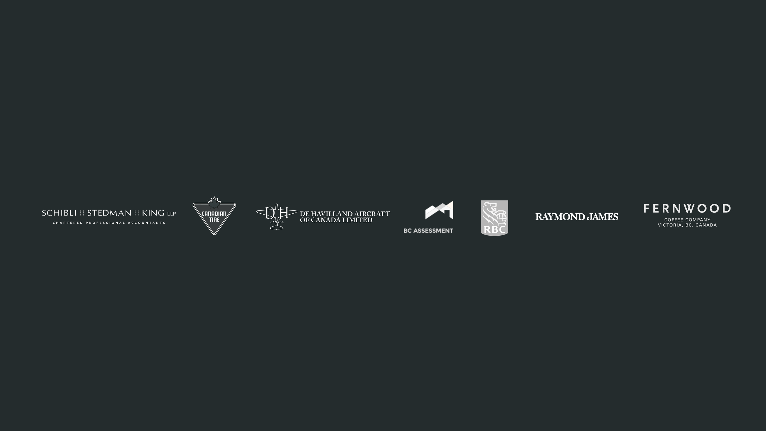 Black background with white logos and text of various sponsors at the bottom, including Schibli, Stedman, King LLP, Canadian Tire, De Havilland Aircraft of Canada, BC Assessment, RBC, Raymond James, and Fernwood Coffee Company.